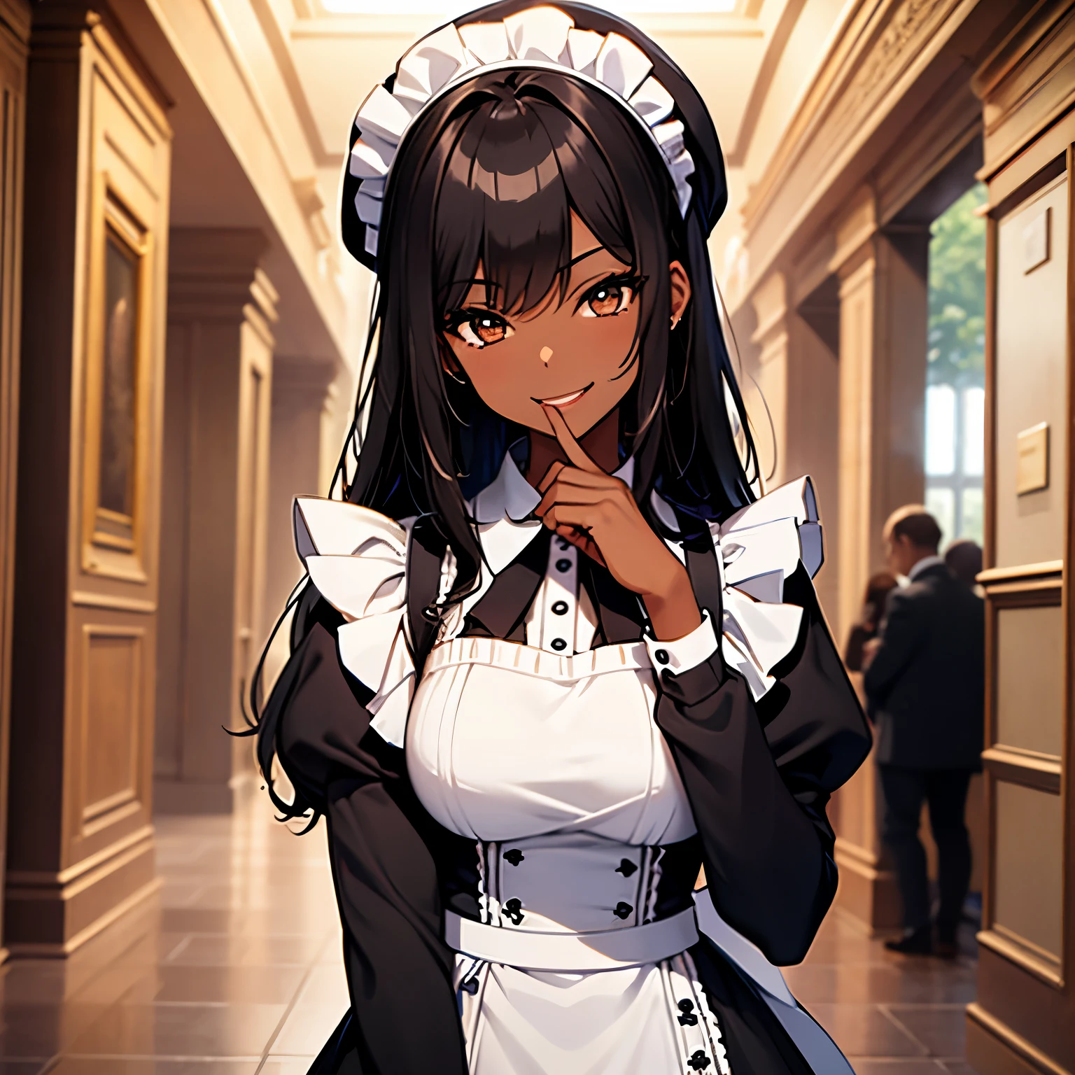 (masterpiece, best quality), (1girl:1.3), dark black skin, african american, female, skinny, long straight dark black hair, smiling, brown eyes, maid outfit, french maid