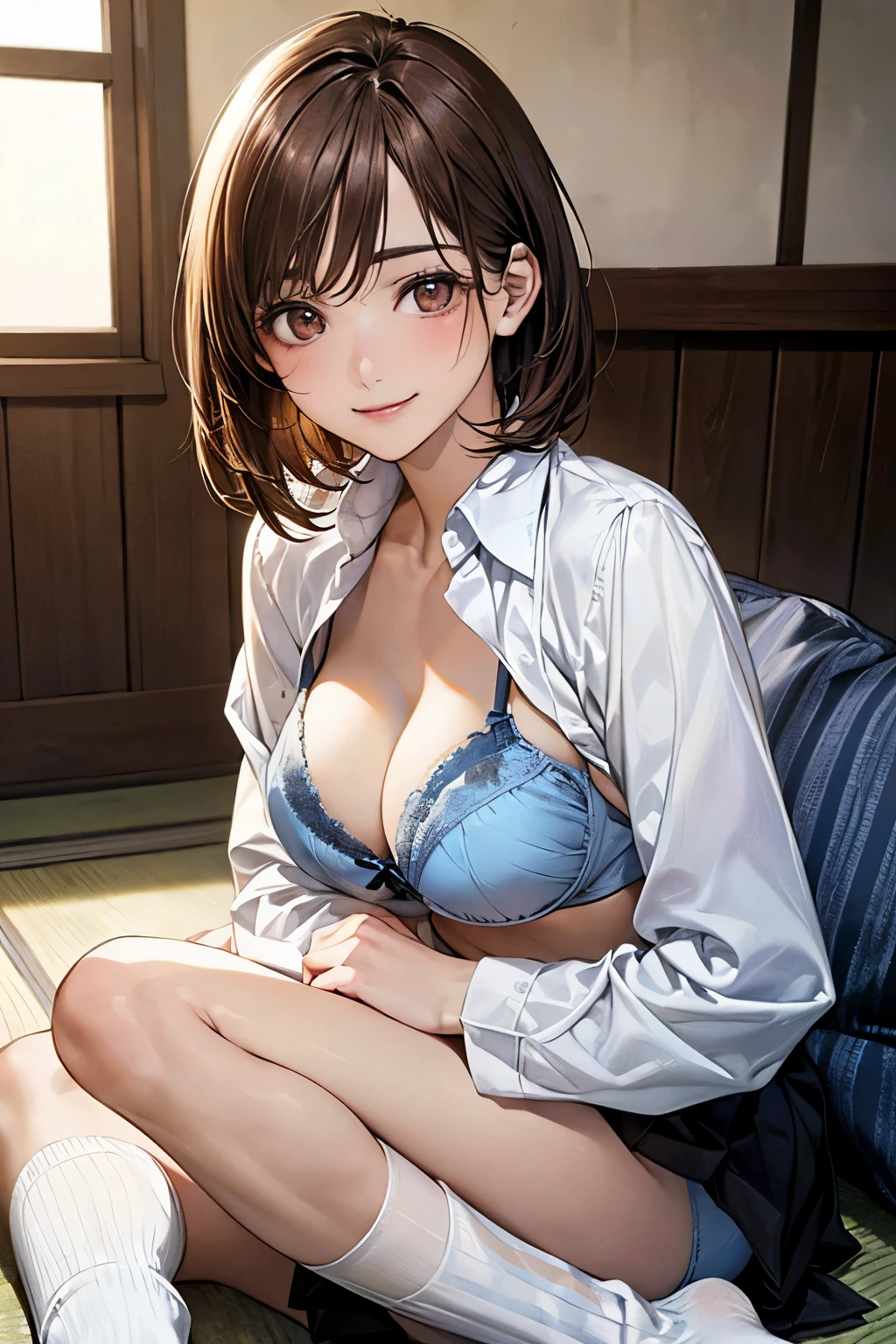 (masterpiece:1.2, highest quality), (realistic, photorealistic:1.4), beautiful illustrations, (natural side lighting, movie lighting),
looking at the viewer, cowboy shot, Front view:1.0, 1 girl, Japanese, high school girl, perfect face, Cute symmetrical face, shiny skin,
(short hair:1.5, straight hair:1.2, brown hair), flowing bangs, dark brown eyes, long eyelash, (big breasts:0.6, seductive thighs),
beautiful hair, beautiful face, detailed and beautiful eyes, beautiful clavicle, beautiful body, beautiful breasts,cleavage、 beautiful thighs, beautiful feet, beautiful fingers,
((Long-sleeved white collared shirt is exposed, The pleated skirt is flipped up,light blue bra, light blue panties、white socks)),
(beautiful scenery), evening, girls' room, wariza, cushion, holding stuffed bear, (cute smile, upper eye),