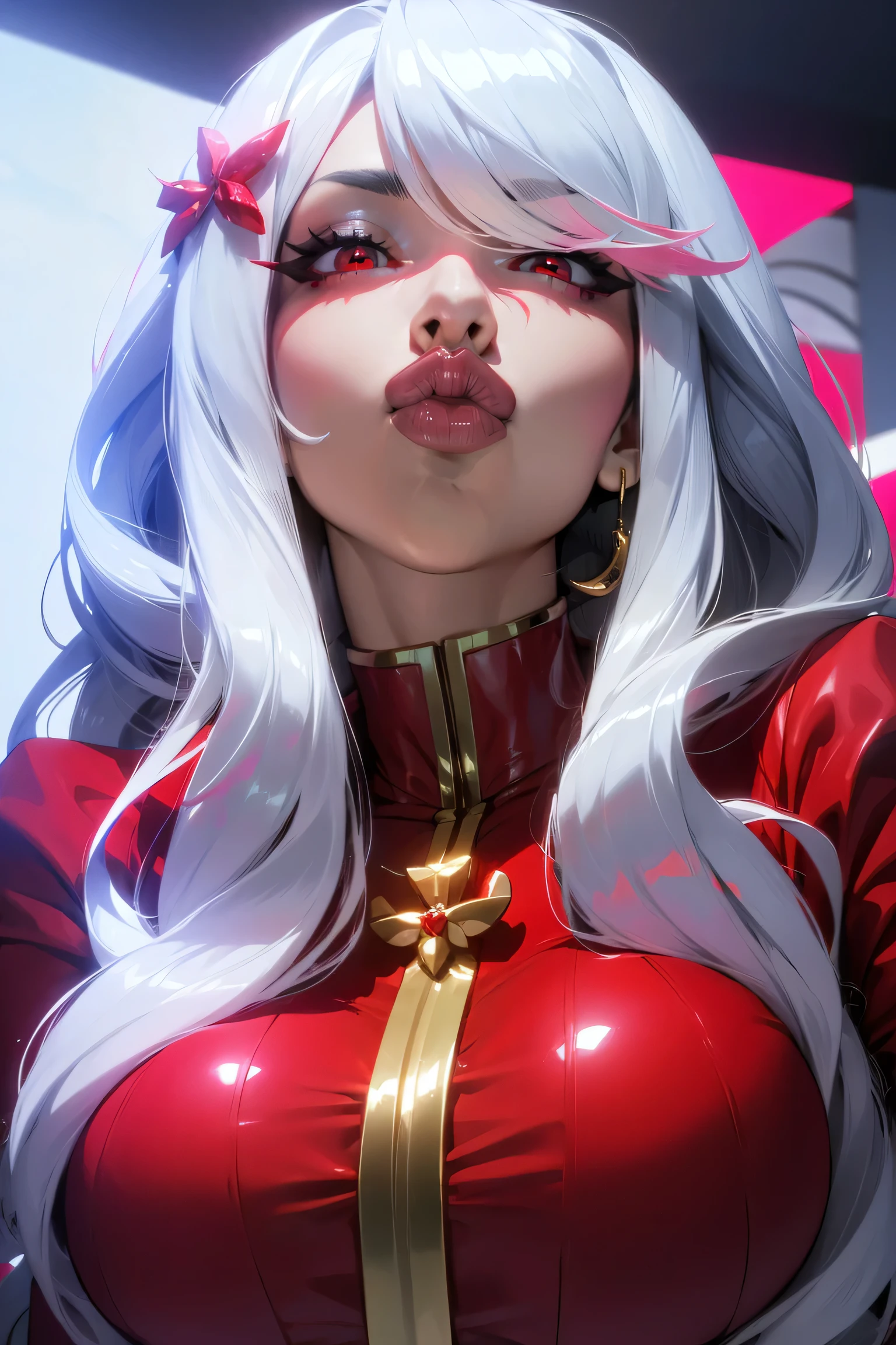 (1girl), red eyes,long hair,, big lips, anime, pretty lips,, ((best quality)), soft shading, highres, hourglass body, , sexy POV, big lips, white hair, ((red eyes)), , big lips,x ornament, ornament, duckface, lip focus, shiny lips pink clothing