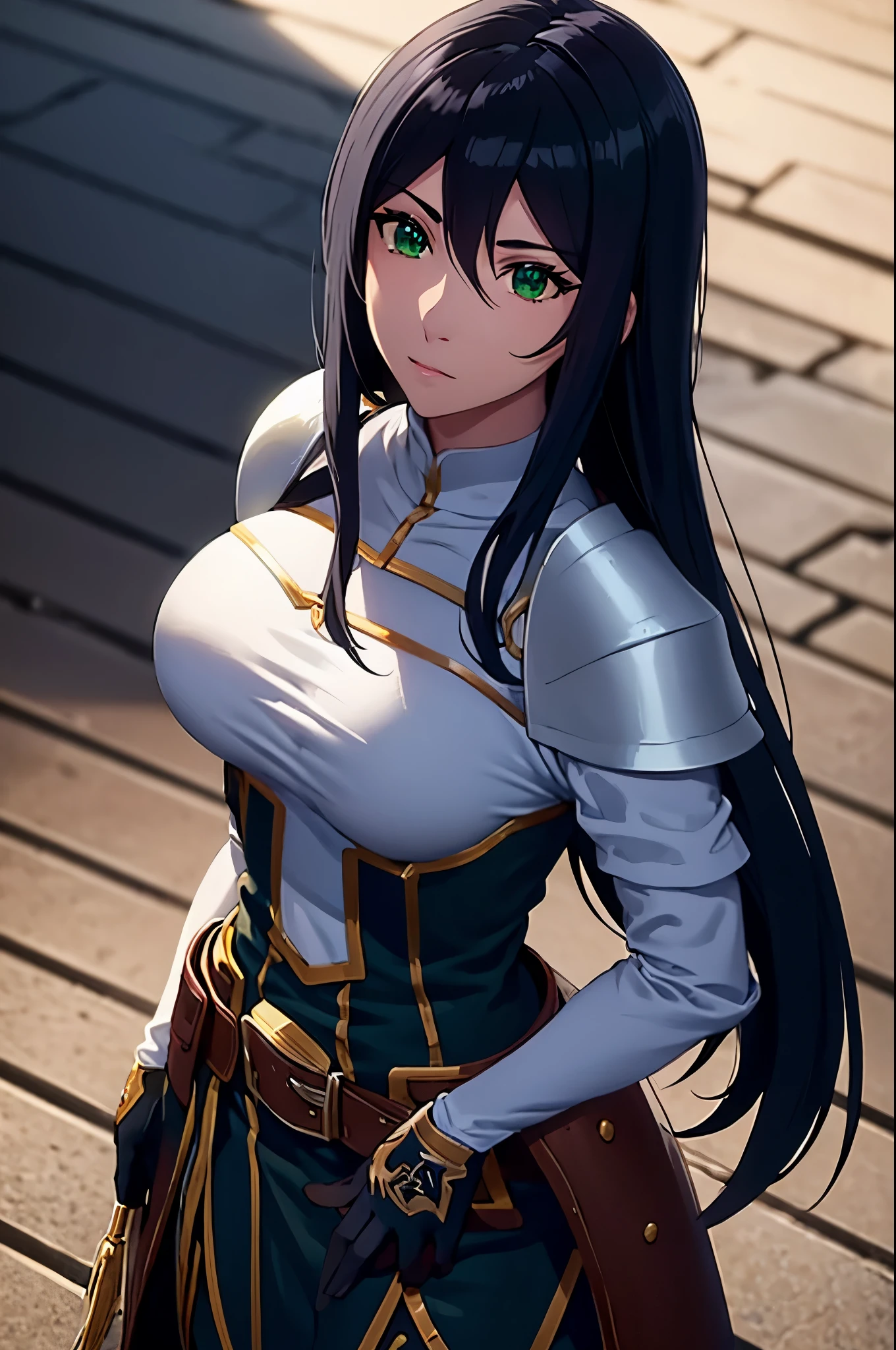 theodoradephilo, theodora dephilo, long hair, black hair, hair between eyes, very long hair, (green eyes:1.3), BREAK gloves, black gloves, belt, fingerless gloves, armor, shoulder armor, breastplate, BREAK outdoors, BREAK looking at viewer, (cowboy shot:1.5), BREAK (masterpiece:1.2), best quality, high resolution, unity 8k wallpaper, (illustration:0.8), (beautiful detailed eyes:1.6), extremely detailed face, perfect lighting, extremely detailed CG, (perfect hands, perfect anatomy),
