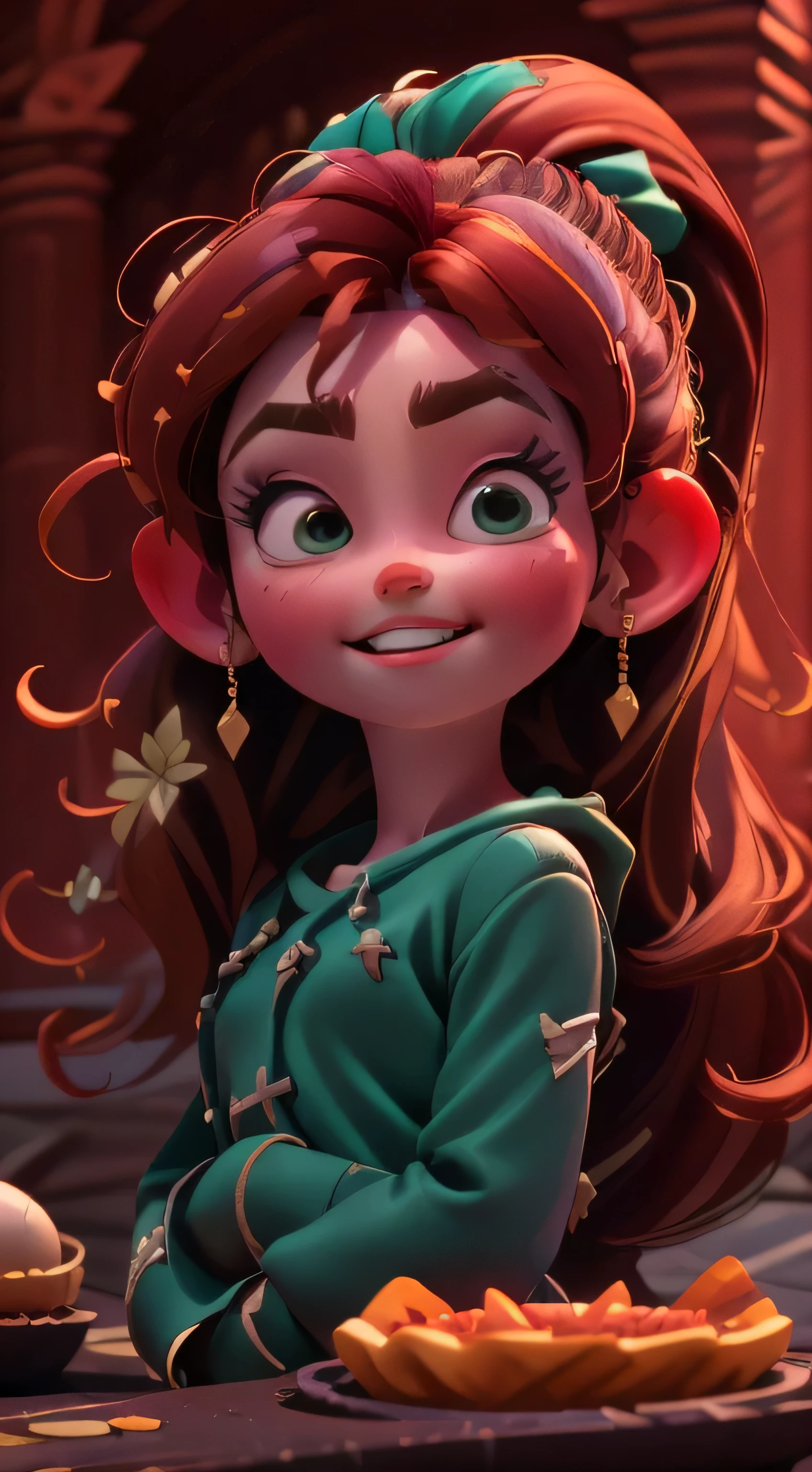 Fusion Vanellope-Mérida, Merge models, Les vêtements de Merida (robe vert bouteille) , les cheveux noir de Vanellope,  La fusion, une fille, beau, personnage, fillette, enfant, plage, (Centre de table:1.2), (best quality:1.2), (Seul:1.2), ((Pose de combat)), ((champ de bataille)), Cinematic, yeux parfaits, peau parfaite, perfect lighting, sourire, light, cor, textured skin, Detail, Beauty, merveille, ultra-Detaillé, visage parfait