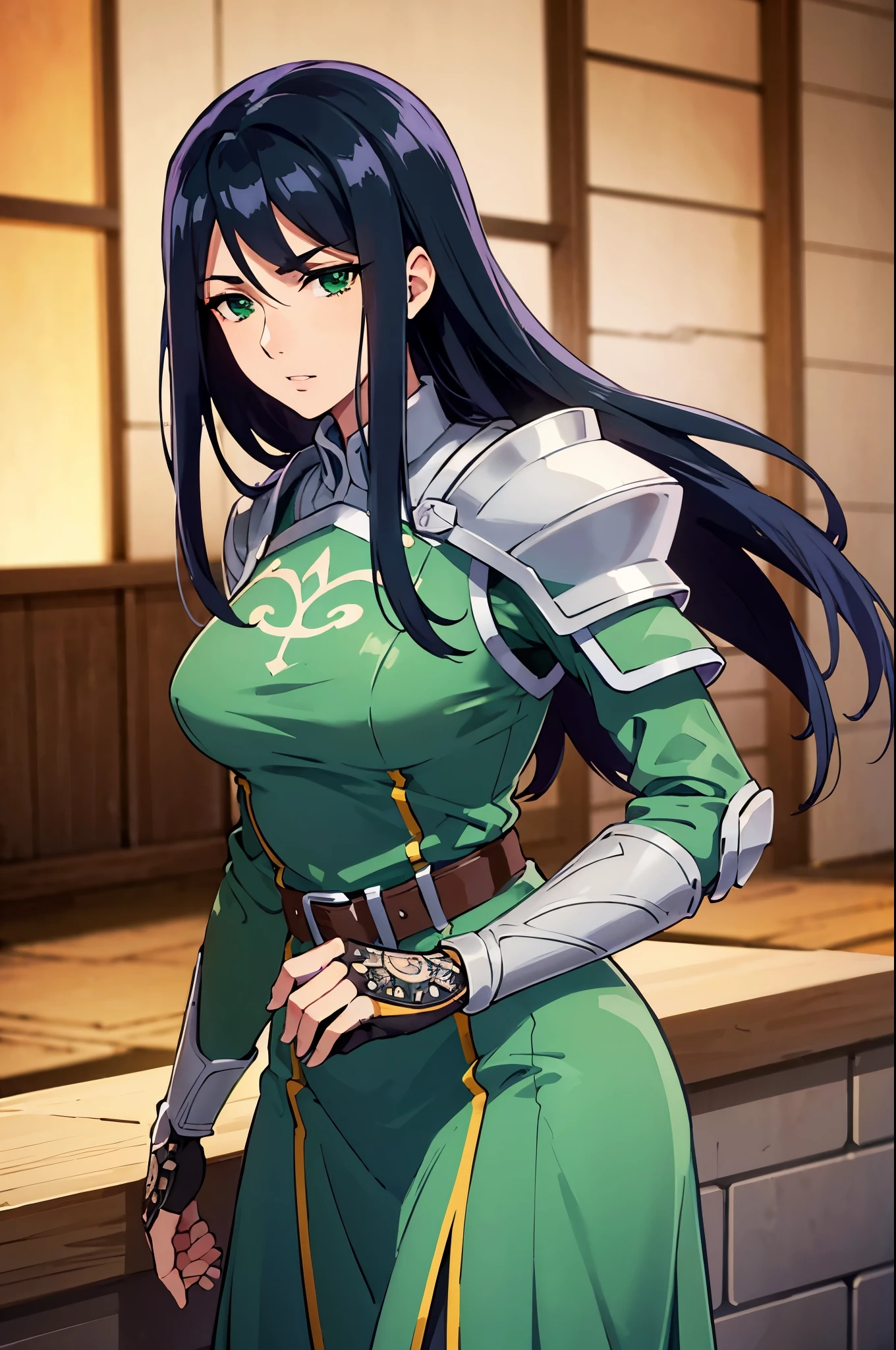 theodoradephilo, theodora dephilo, long hair, black hair, hair between eyes, very long hair, (green eyes:1.3), BREAK gloves, black gloves, belt, fingerless gloves, armor, shoulder armor, breastplate, BREAK outdoors, BREAK looking at viewer, (cowboy shot:1.5), BREAK (masterpiece:1.2), best quality, high resolution, unity 8k wallpaper, (illustration:0.8), (beautiful detailed eyes:1.6), extremely detailed face, perfect lighting, extremely detailed CG, (perfect hands, perfect anatomy),
