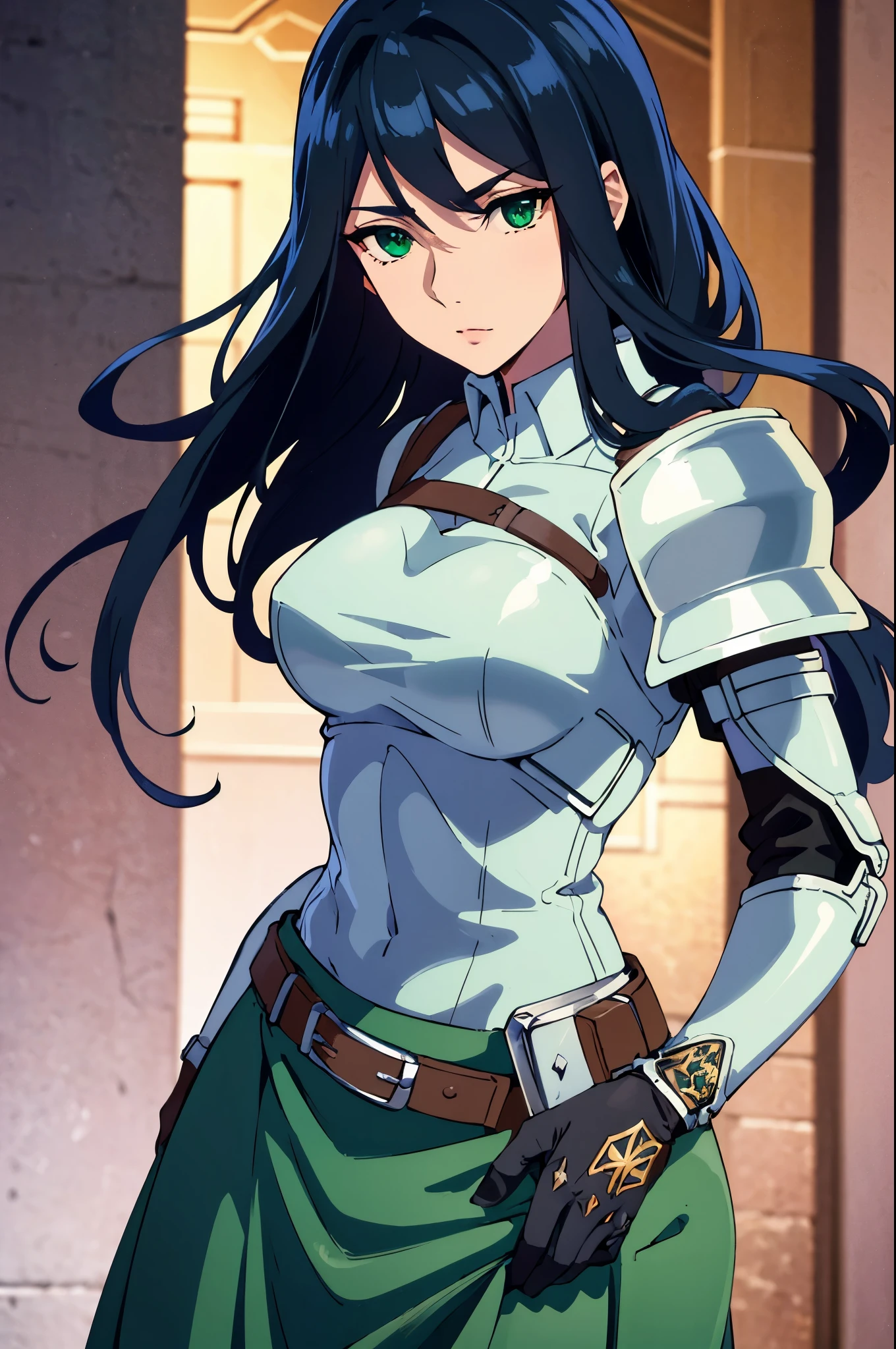 theodoradephilo, theodora dephilo, long hair, black hair, hair between eyes, very long hair, (green eyes:1.3), BREAK gloves, black gloves, belt, fingerless gloves, armor, shoulder armor, breastplate, BREAK outdoors, BREAK looking at viewer, (cowboy shot:1.5), BREAK (masterpiece:1.2), best quality, high resolution, unity 8k wallpaper, (illustration:0.8), (beautiful detailed eyes:1.6), extremely detailed face, perfect lighting, extremely detailed CG, (perfect hands, perfect anatomy),
