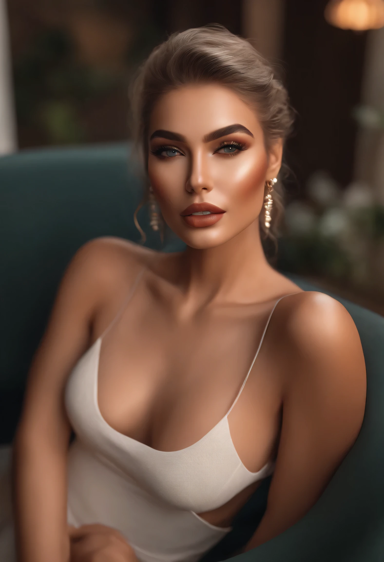 realistic social media female influencer with slim and bold body , without copyright face