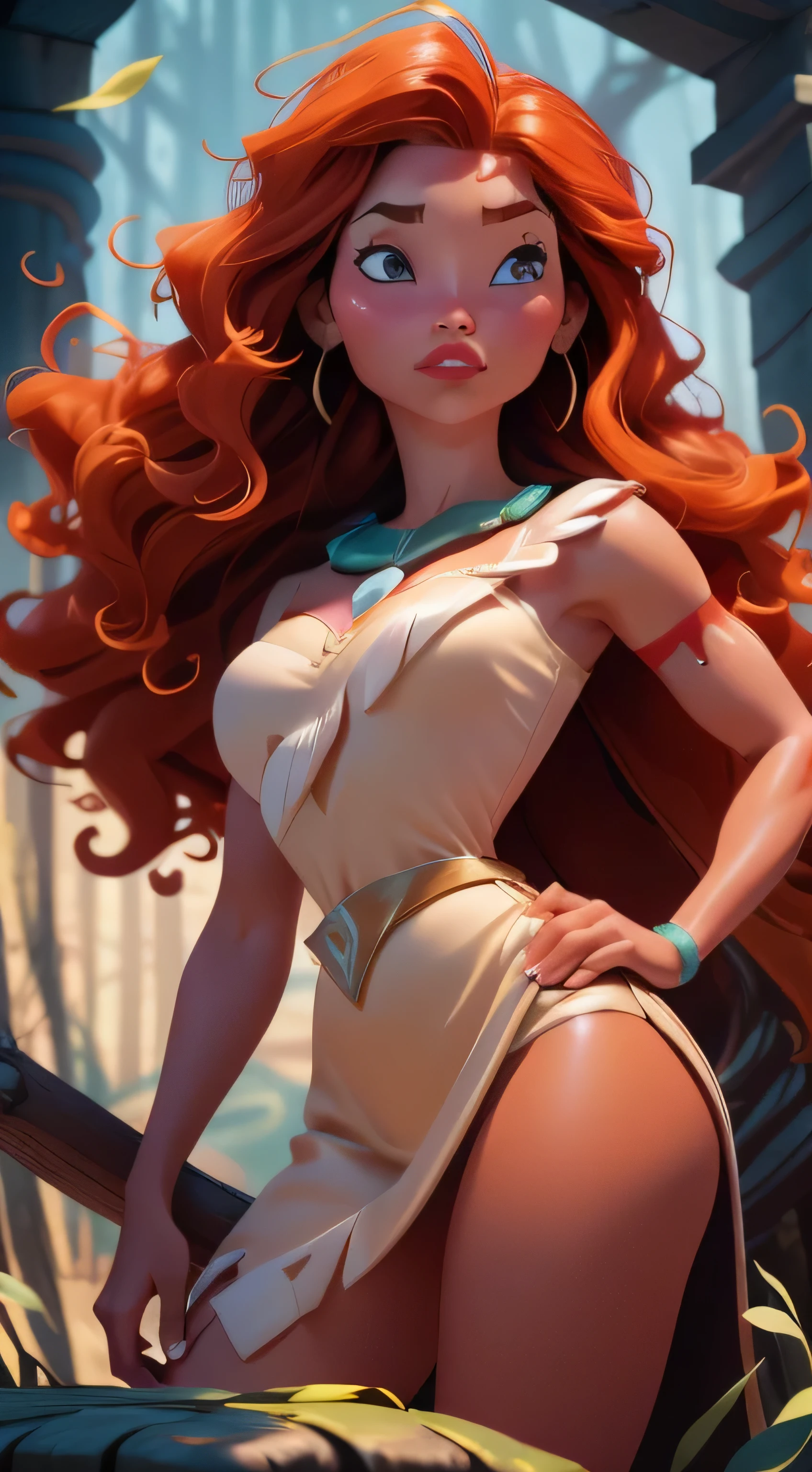 Fusion Pocahontas-Mérida, Merge models, Les vêtements de Pocahontas, La fusion, 1fille, beau, personnage, femme, femelle, plage, (Centre de table:1.2), (best quality:1.2), (Seul:1.2), ((Pose de combat)), ((champ de bataille)), Cinematic, yeux parfaits, peau parfaite, perfect lighting, sourire, light, cor, textured skin, Detail, Beauty, merveille, ultra-Detaillé, visage parfait