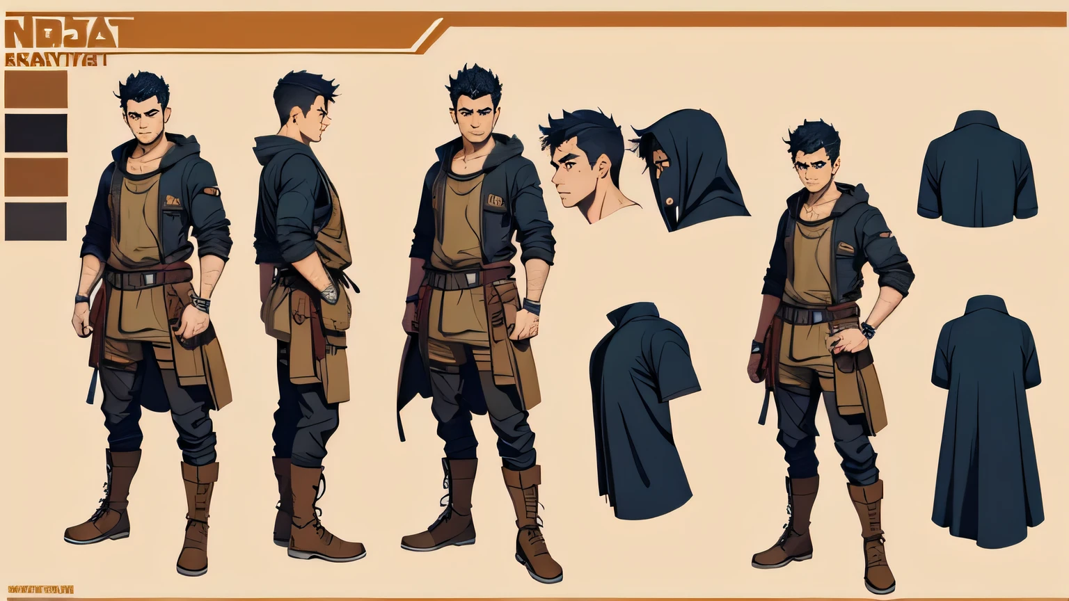 boy in desert attire, determined expression, windswept hair, oversize, character design sheet, different poses, diffrent angles, post-apocalyptic world.