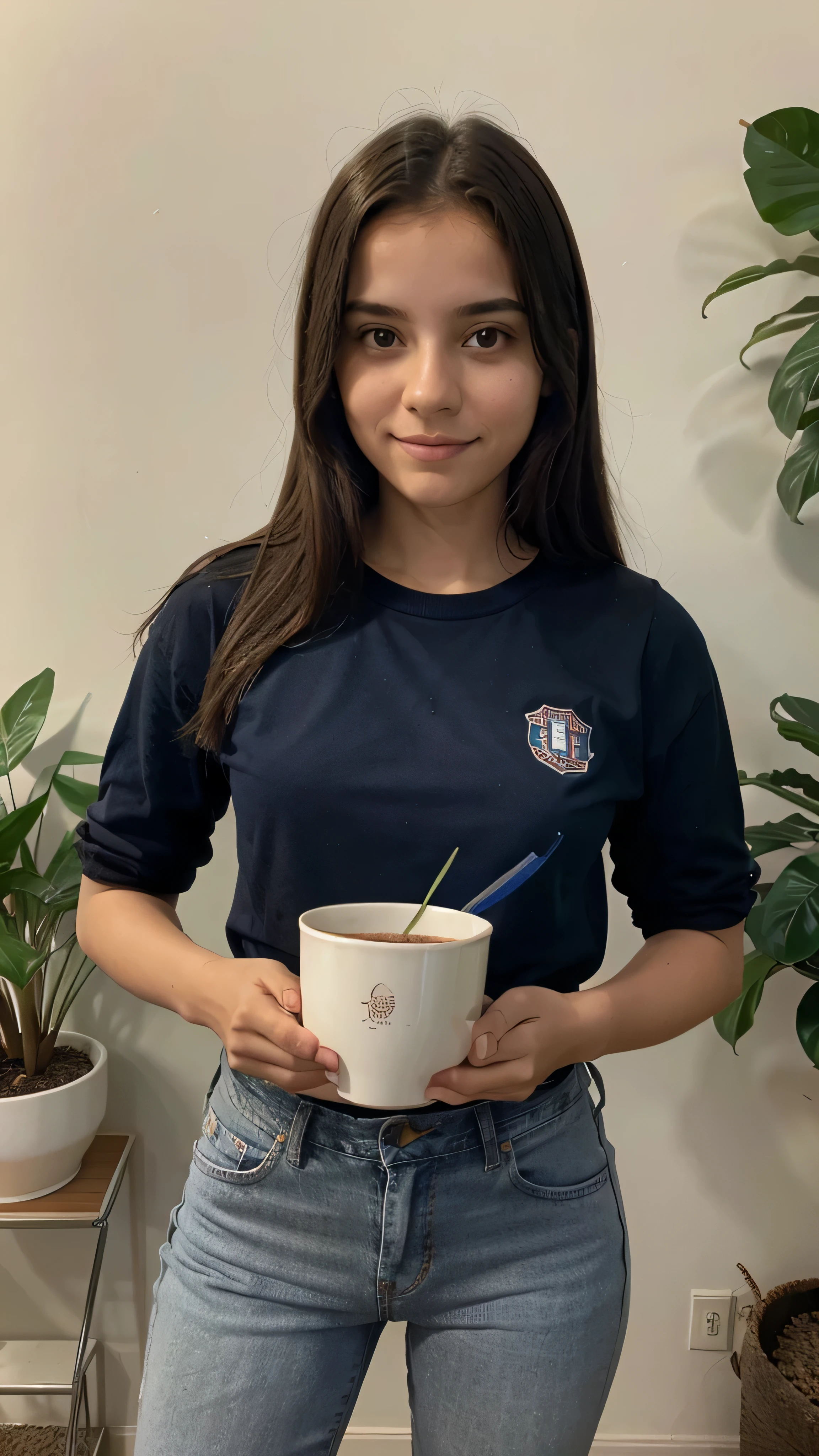 Estudante de 10 anos, de frente, vestindo roupas escolares com jeans, mostrando um vaso de plantas (In the hands)