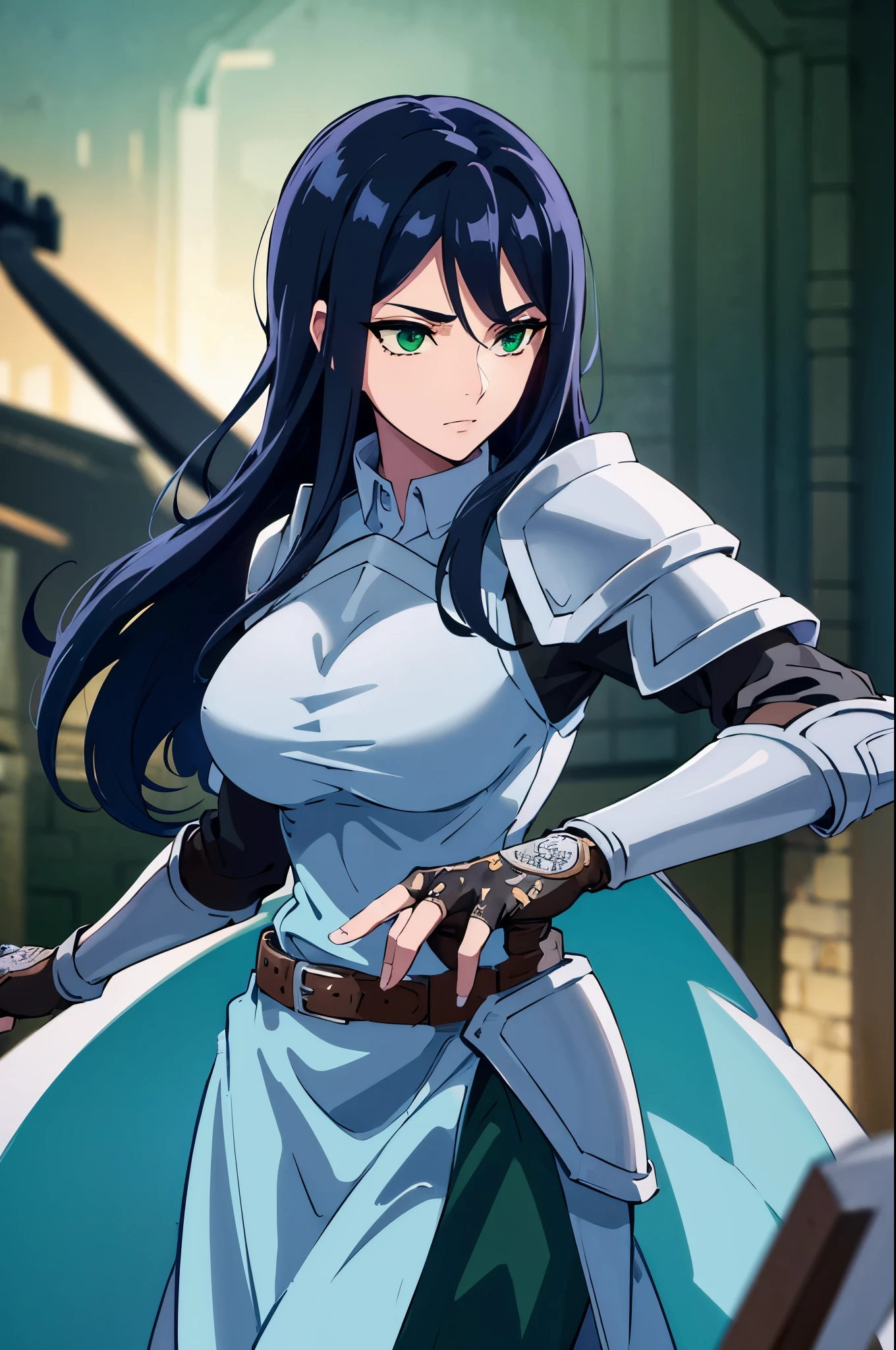 theodoradephilo, theodora dephilo, long hair, black hair, hair between eyes, very long hair, (green eyes:1.3), BREAK gloves, black gloves, belt, fingerless gloves, armor, shoulder armor, breastplate, BREAK outdoors, BREAK looking at viewer, (cowboy shot:1.5), BREAK (masterpiece:1.2), best quality, high resolution, unity 8k wallpaper, (illustration:0.8), (beautiful detailed eyes:1.6), extremely detailed face, perfect lighting, extremely detailed CG, (perfect hands, perfect anatomy),
