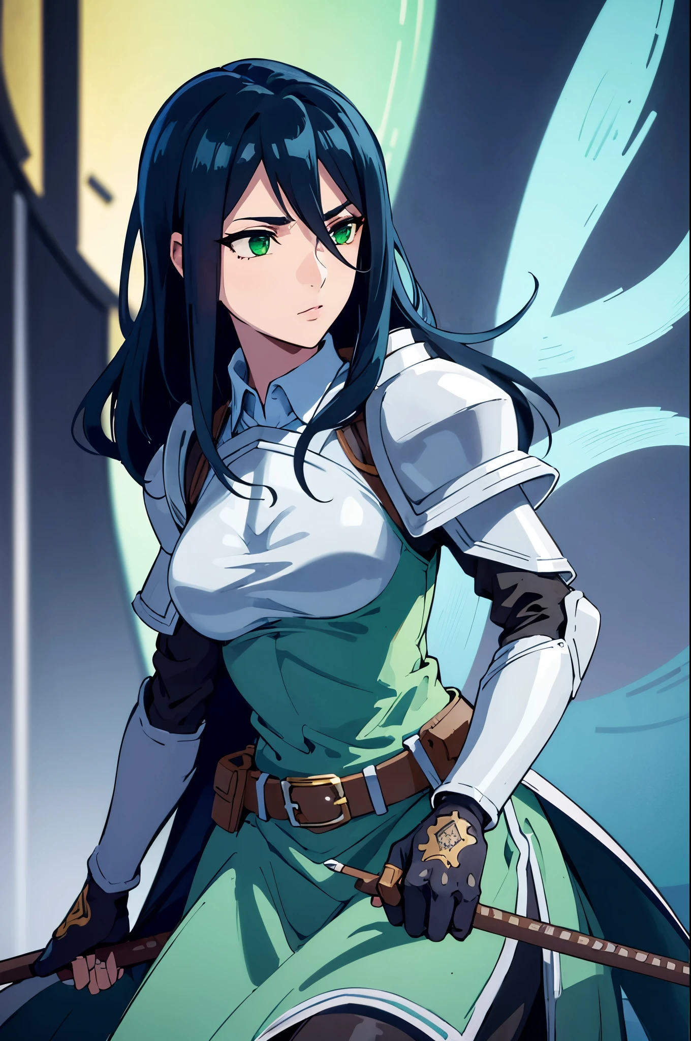 theodoradephilo, theodora dephilo, long hair, black hair, hair between eyes, very long hair, (green eyes:1.3), BREAK gloves, black gloves, belt, fingerless gloves, armor, shoulder armor, breastplate, BREAK outdoors, BREAK looking at viewer, (cowboy shot:1.5), BREAK (masterpiece:1.2), best quality, high resolution, unity 8k wallpaper, (illustration:0.8), (beautiful detailed eyes:1.6), extremely detailed face, perfect lighting, extremely detailed CG, (perfect hands, perfect anatomy),
