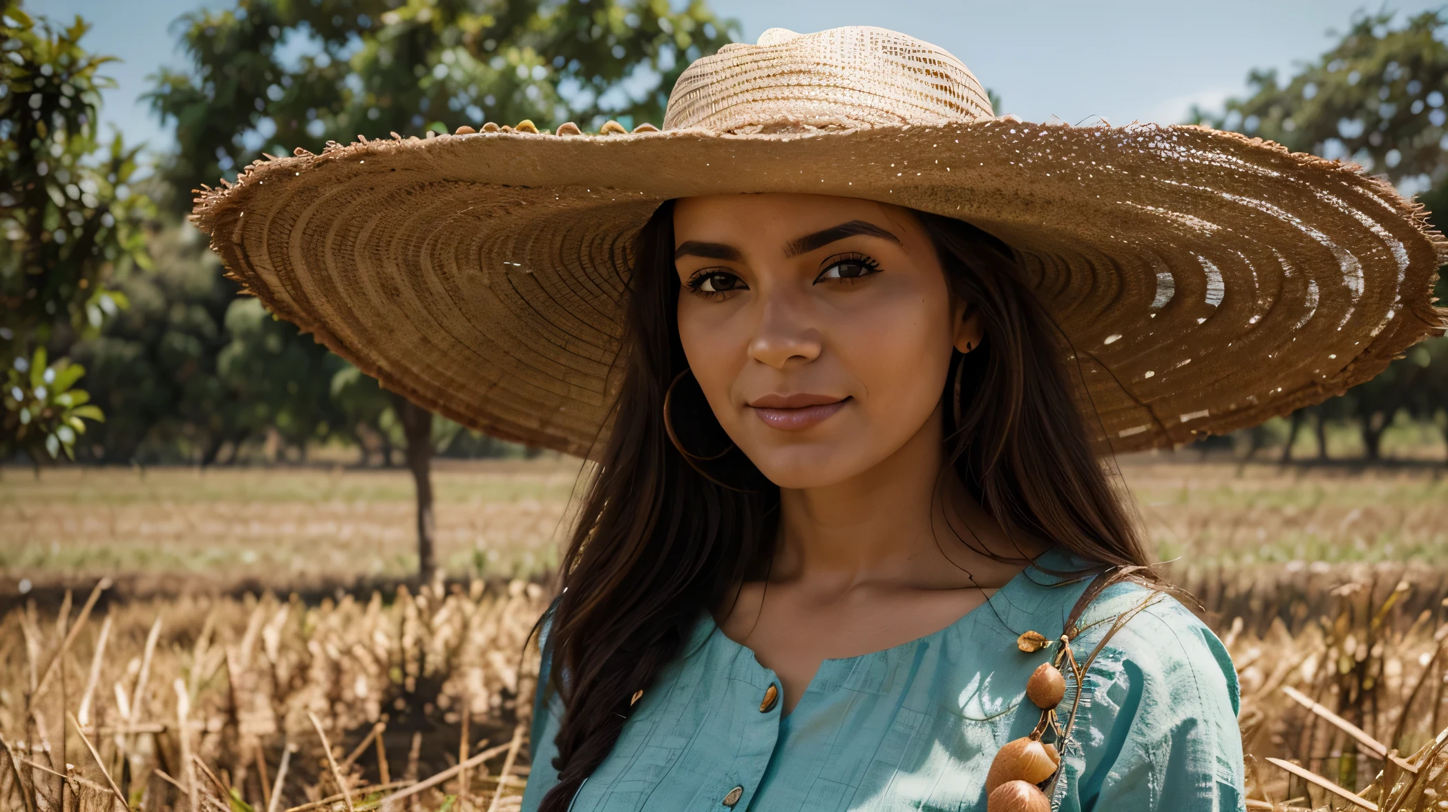 A WOMAN FROM THE ROÇA, BEM RURALISTA, WEARING A HAT IN THE FIELD, POSICIONADA AO LADO DA IMAGEM, COLHENDO FRUTAS.