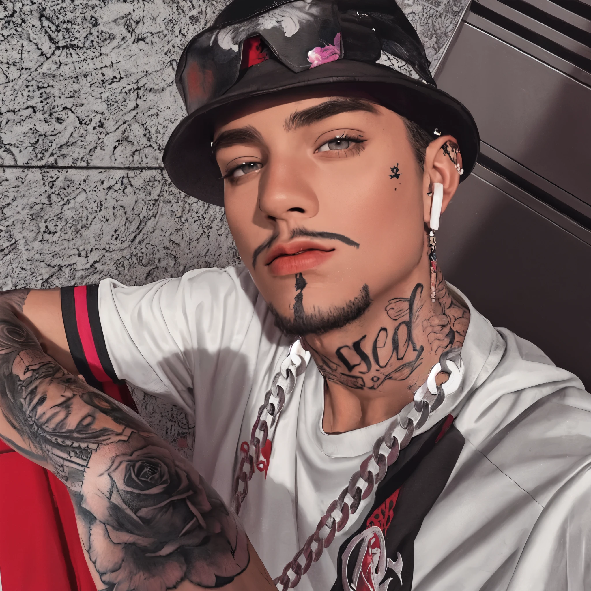 Man with hat and tattoo on arm, vestindo uma bandana e corrente, com tatuagem facial, estilo de seb mckinnon, usando tatuagens de shipibo, Punishment style, com tatuagens, ✏️🎨, neck tattoos, tatuagem no rosto, André Rios, tatuagens faciais, joias de rapper, wearing a choker and a cute hat, tatuagem no rostos, coreano, Korean face, jungkook