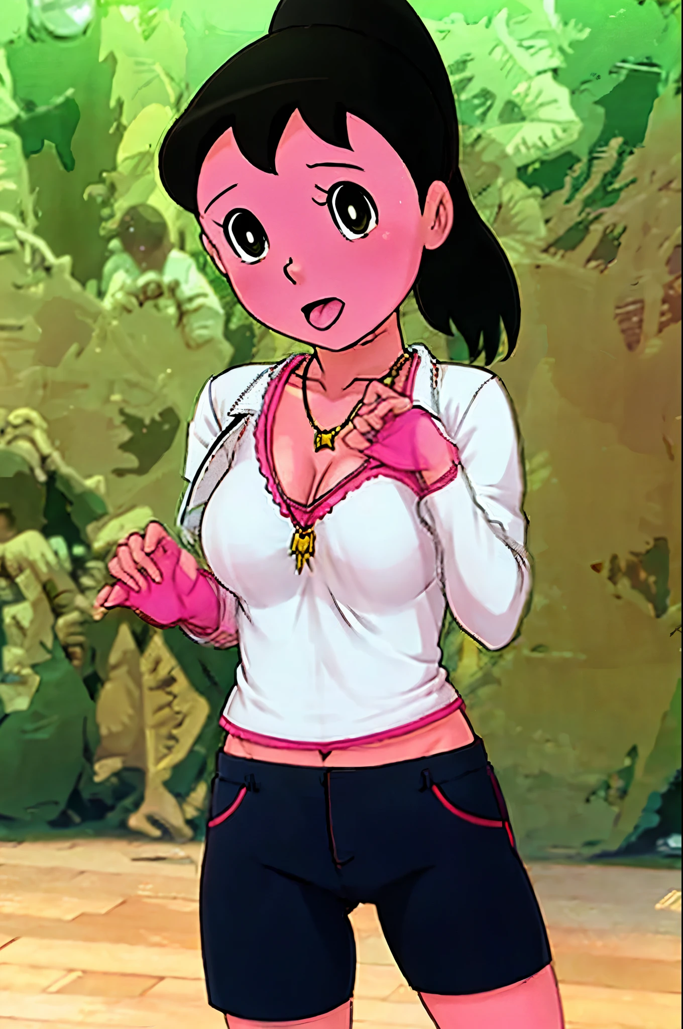 1 women, best quality, 12k, HD, long hair, big round breasts, cleavage,shizuka, ponytail, necklace, jewelry, shorts, short jacket, slim hips, hair tie, yellow eyes, black hair, super detailed, Eye details, hair details, person details, mouth details, face details, breast details, clothes details, hair details, pants details, hand details, whole body