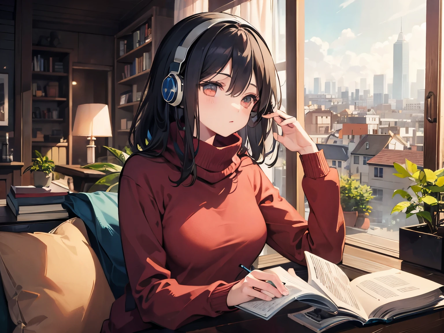 A detailed anime girl, wearing a large sweater, wearing headband headphones, lofi, tranquil, quiet vibes, chilling, in her living room reading, A large window with a view over the city, city skyline visible outside, quiet night, cat, masterpiece, best quality, potted plants, flowers, books
