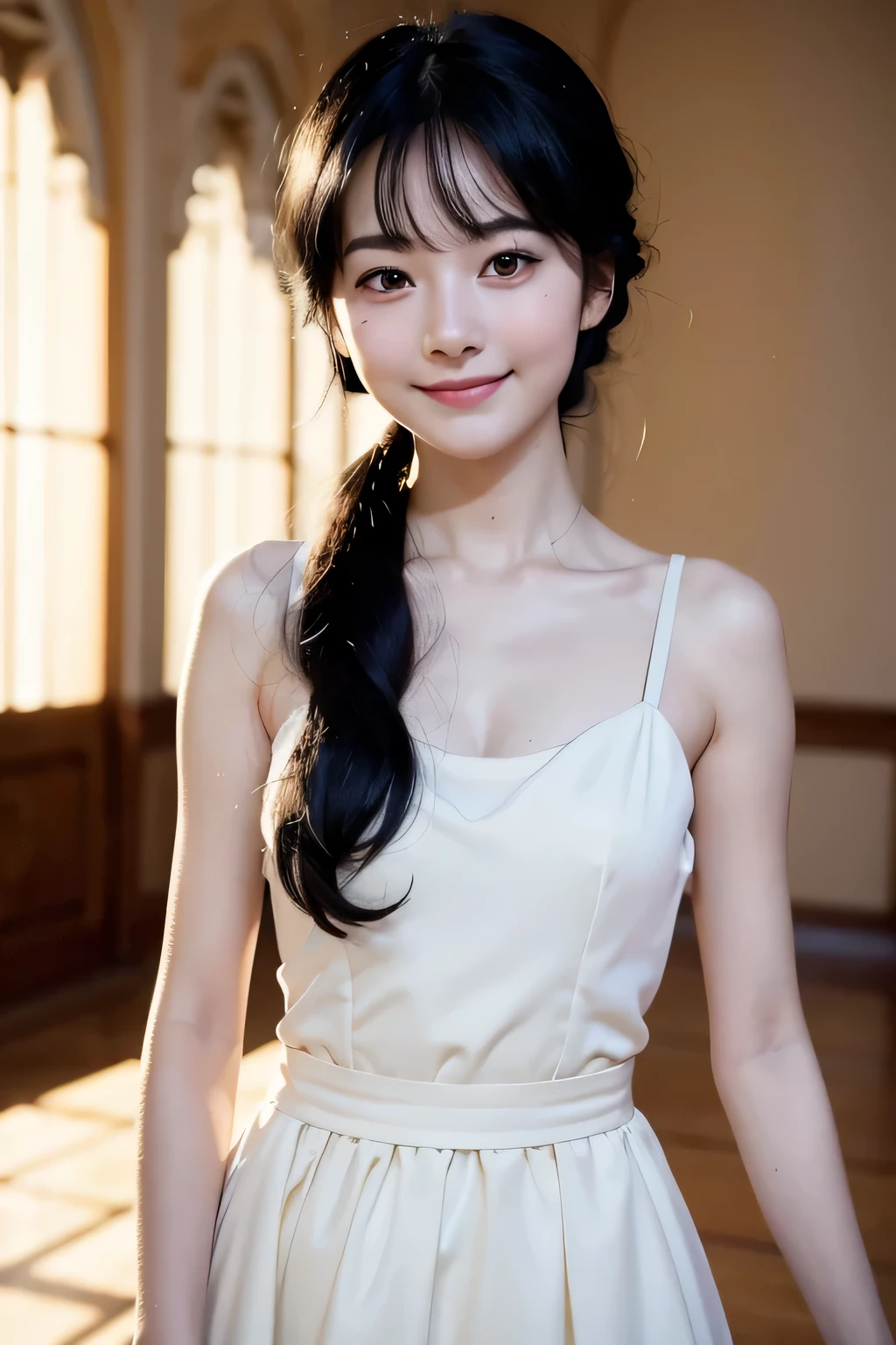 smile, black hair, delicate face, towards the audience, masterpiece, highest quality, super fine, best shadow , disney style, best lighting , cinematic light , white skin tone, no makeup、