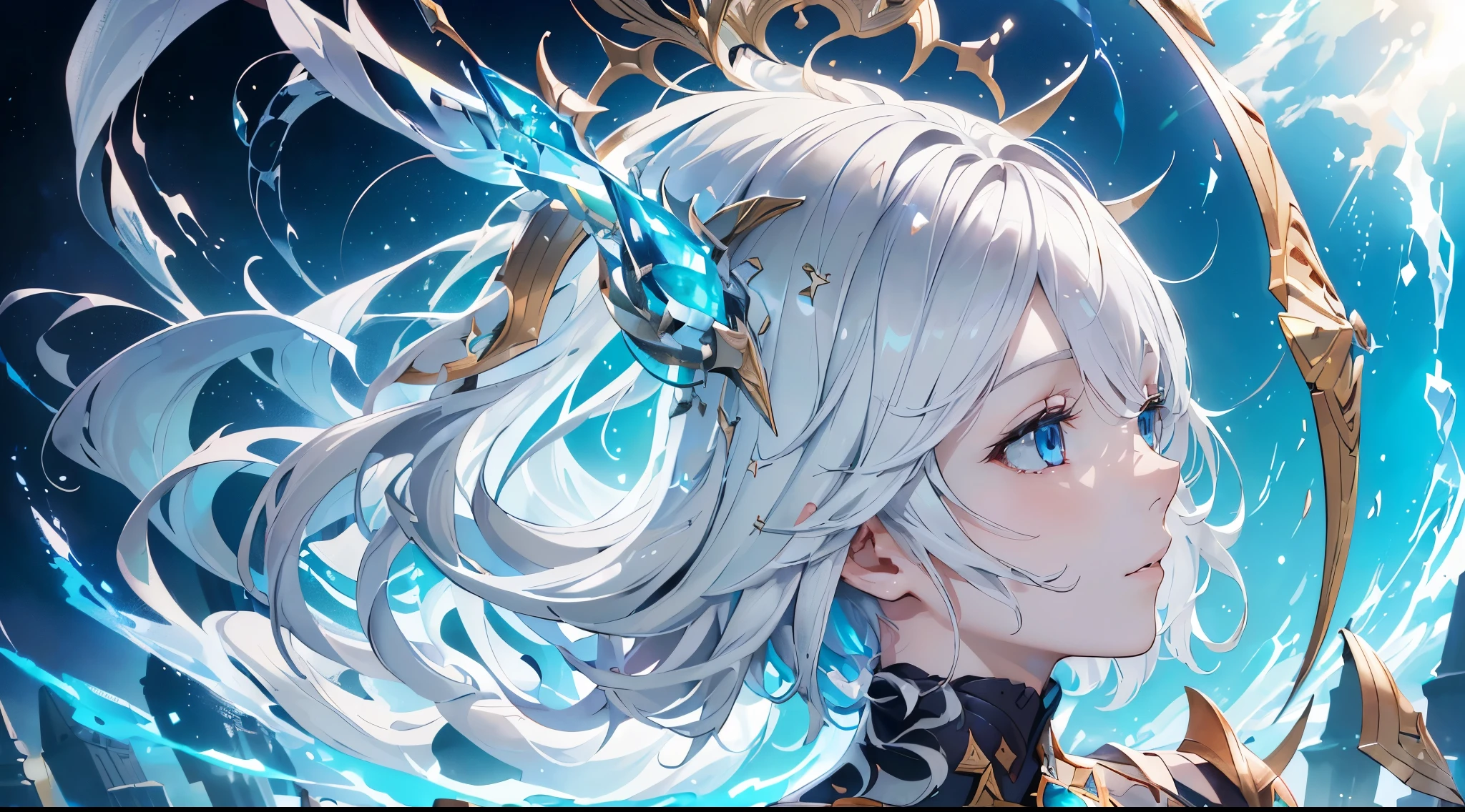 (Numerous award-winning masterpieces, with incredible details), Ultra HD, 8K, ((Extremely beautifull face)), (extremely detailed realistic face features), (beutiful light blue eyes), ((finely detailed true circle Symmetrical grey eyes)), (She has a meloncholic face), (A majestic sight), short white hair, anatomic, small wraist with big hips, short hair, big breasts, realistic skin texture, pale skin, (realistic body: 1.8), (1girl standing in), epic mmorpg celestial transparent white outfit, fantasy castle background