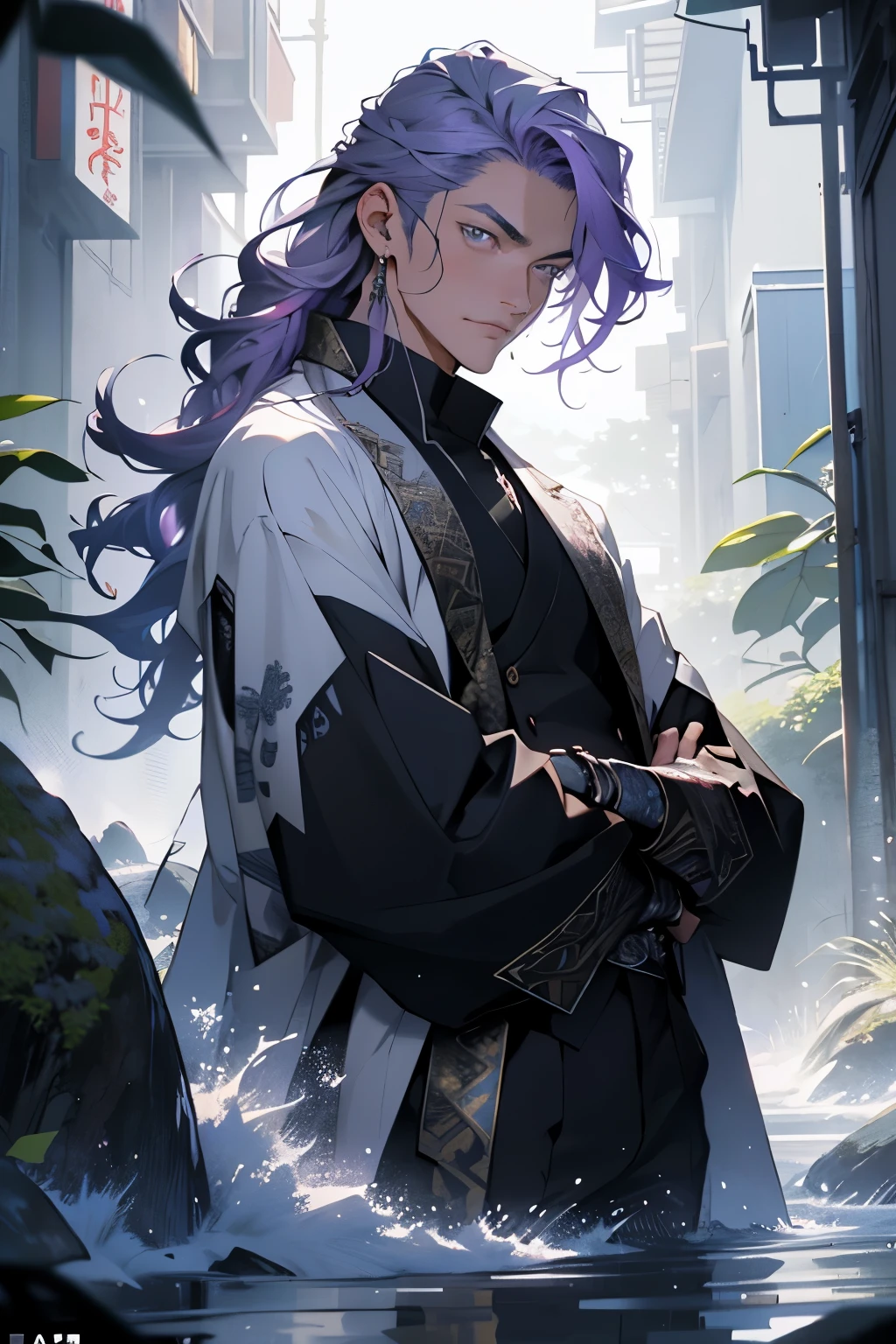 Create a captivating portrayal of a man in his mid-twenties, boasting a handsome build and the aura of a Yakuza member. His features include lavender hair that falls in soft, droopy waves, and mesmerizing lavender eyes that seem to hold a world of wisdom. A sidecut adds a touch of edge to his appearance.
Dressed in extravagant clothes, the man harmoniously blends in with the tranquil and magical setting surrounding him. Imagine this scene unfolding in the serene and enchanting landscapes reminiscent of Studio Ghibli films.
Exude the essence of peace and understanding as he ponders the mysteries of the