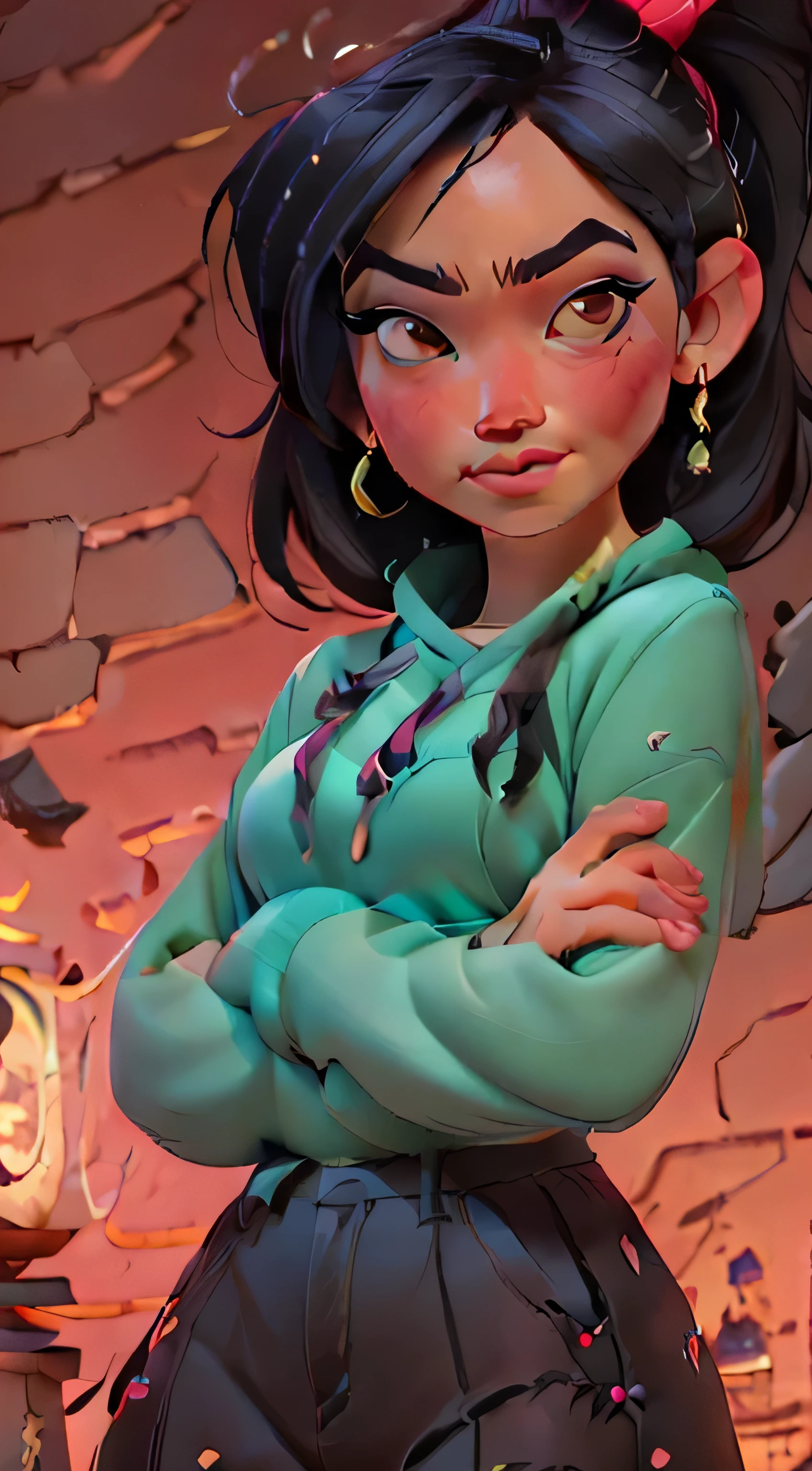 Fusion Vanellope-Pocahontas, Merge models, Les vêtements de Vanellope, les cheveux noir de Pocahontas, La fusion, une fille, beau, personnage, fillette, enfant, plage, (best quality:1.2), (Seul:1.2), ((Pose de combat)), ((champ de bataille)), Cinematic, yeux parfaits, peau parfaite, light parfaite, sourire, light, cor, textured skin, Detail, Beauty, merveille, ultra-Detaillé, visage parfait