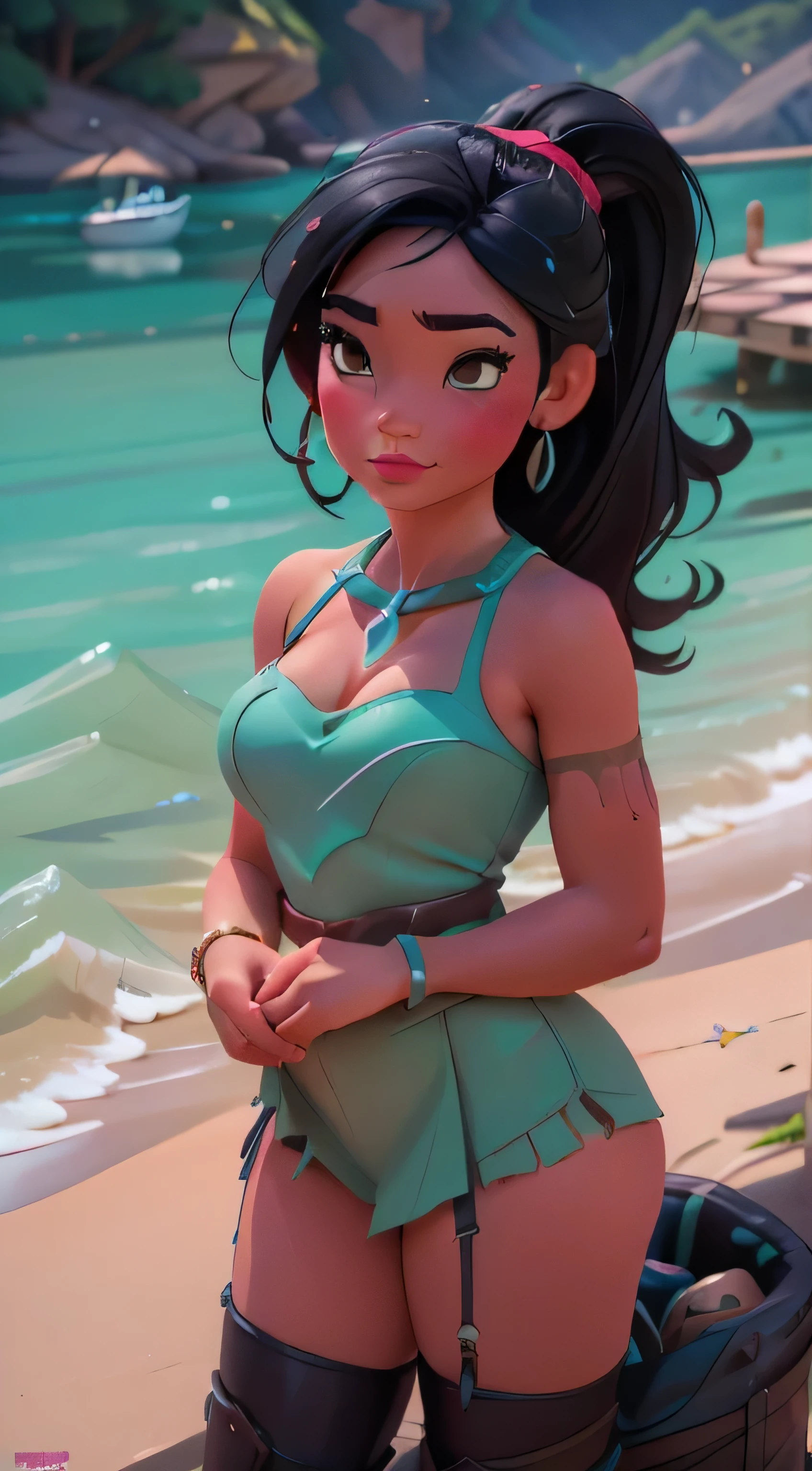 Fusion Vanellope-Pocahontas, Merge models, Les vêtements de Vanellope, les cheveux noir de Pocahontas,  La fusion, une fille, beau, personnage, fillette, enfant, plage, (best quality:1.2), (Seul:1.2), ((Pose de combat)), ((champ de bataille)), Cinematic, yeux parfaits, peau parfaite, light parfaite, sourire, light, cor, textured skin, Detail, Beauty, merveille, ultra-Detaillé, visage parfait