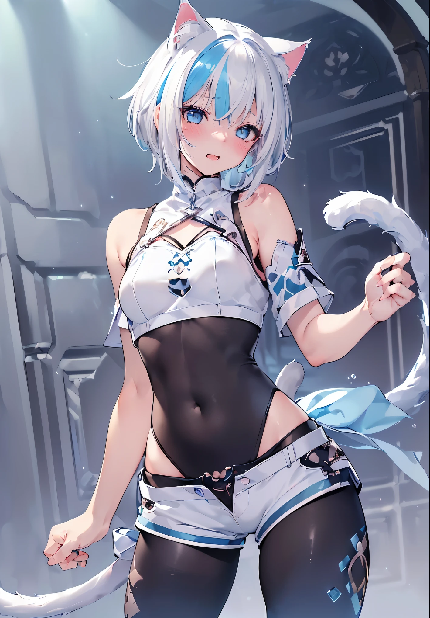 (Masterpiece, Slim Body, Delicate Fingers: 1.2), Best Quality, (Illustration: 1.2), (Hyper Detail), Eye Focus, Ultra Detail, (Fine Detail), (Intricate Detail), HDR, (Ultra Detail: 1.15), (Soft Light: 1.2), 1girl, (tactical outfits:1.5), (crop top), (fantasy outfit:1.5), (short pants:1.5), (White hair and blue highlights:1.5), (light blue eyes:1.3), medium, short hair, solo, (small breasts:1.3), masterpiece, (blushing:1.1), best quality, highly detailed, (fullbody image:1.5), kwaii, (blue inner hair:1.2), (two-tone hair:1.5),  (blushing face:1.4),  (panting:1.2), (blushing face:1.4), , (cat ears:1.4), (cat tail:1.5),  (perfect hands, perfect anatomy),(perfect finger), (cat ears:1.4), (unbuttoned pants),  standing, (tights:1.5), fullbody 