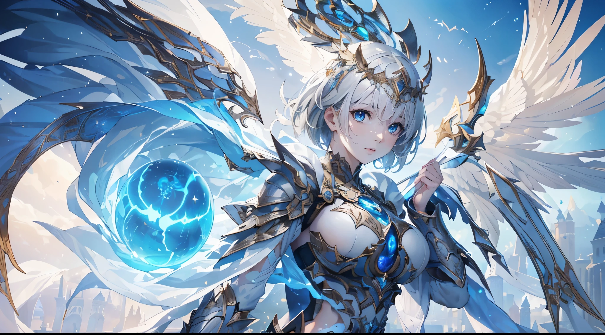 (Numerous award-winning masterpieces, with incredible details), Ultra HD, 8K, ((Extremely beautifull face)), (extremely detailed realistic face features), (beutiful light blue eyes), ((finely detailed true circle Symmetrical grey eyes)), (She has a meloncholic face), (A majestic sight), short white hair, anatomic, small wraist with big hips, short hair, big breasts, realistic skin texture, pale skin, (realistic body: 1.8), (1girl standing in), epic mmorpg celestial transparent white outfit, fantasy castle background