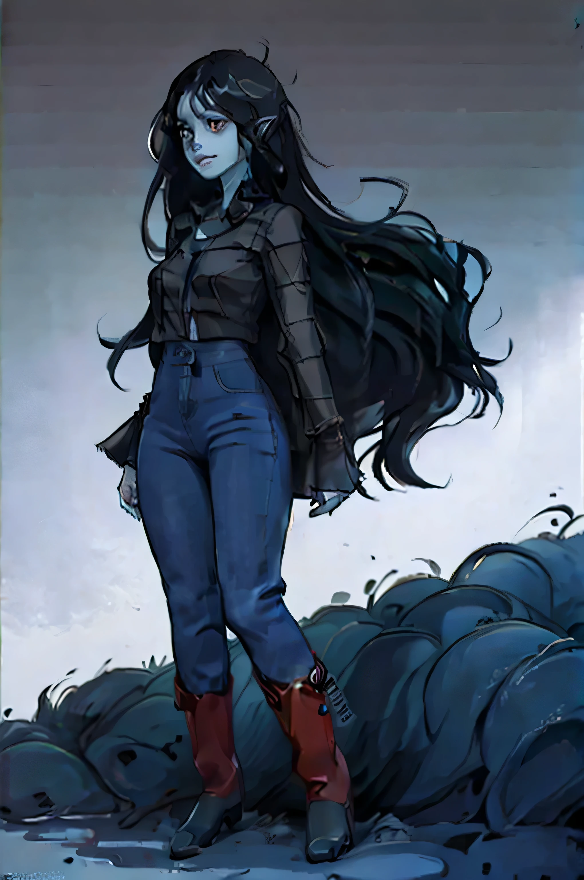 uma garota, pele azul-acinzentada clara, presas bem formadas, long midnight black hair that reaches to the feet, She has two marks on her neck that are the bite marks that turned her into a vampire., Orelhas pontudas, blusa cinza, dark blue jeans, botas vermelhas escuras, bunda grande, batom preto, em alta qualidade, olhando para o espectador