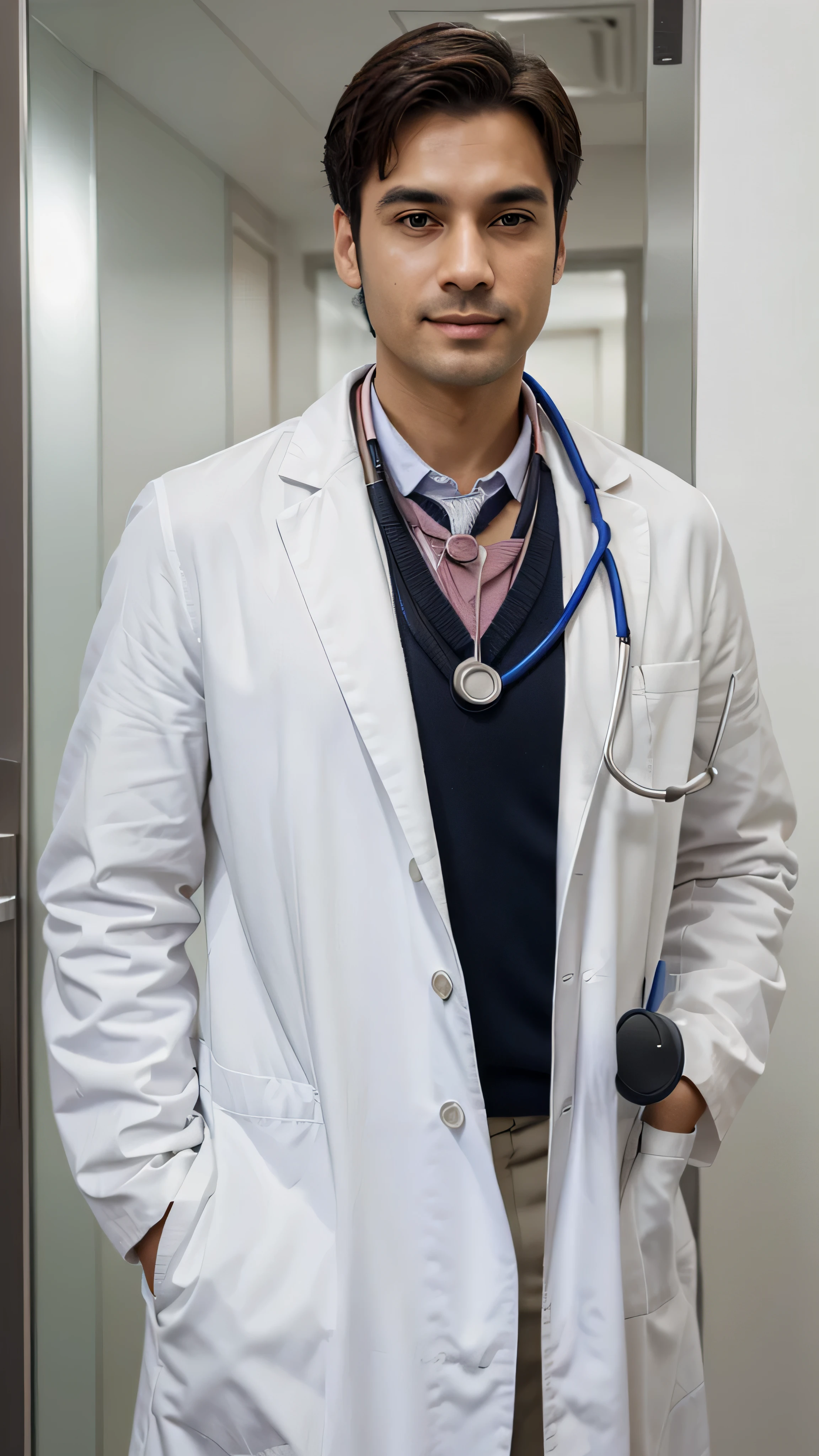 Friendly doctor, with closed white coat and stethoscope, de frente
