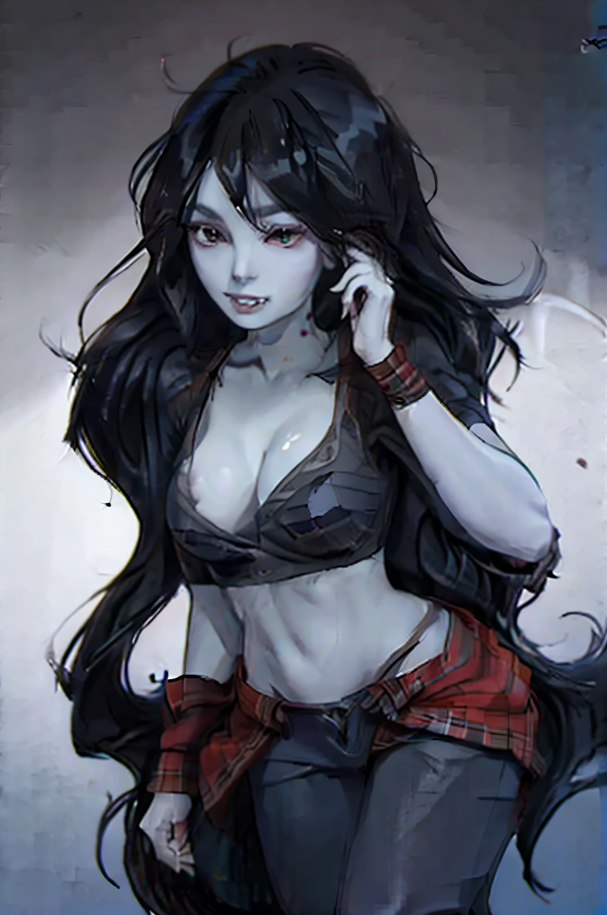 uma garota, pele azul-acinzentada clara, presas bem formadas, long midnight black hair that reaches to the feet, She has two marks on her neck that are the bite marks that turned her into a vampire., Orelhas pontudas, blusa cinza, jeans azul escuro, botas vermelhas escuras, bunda grande, batom preto, em alta qualidade, olhando para o espectador