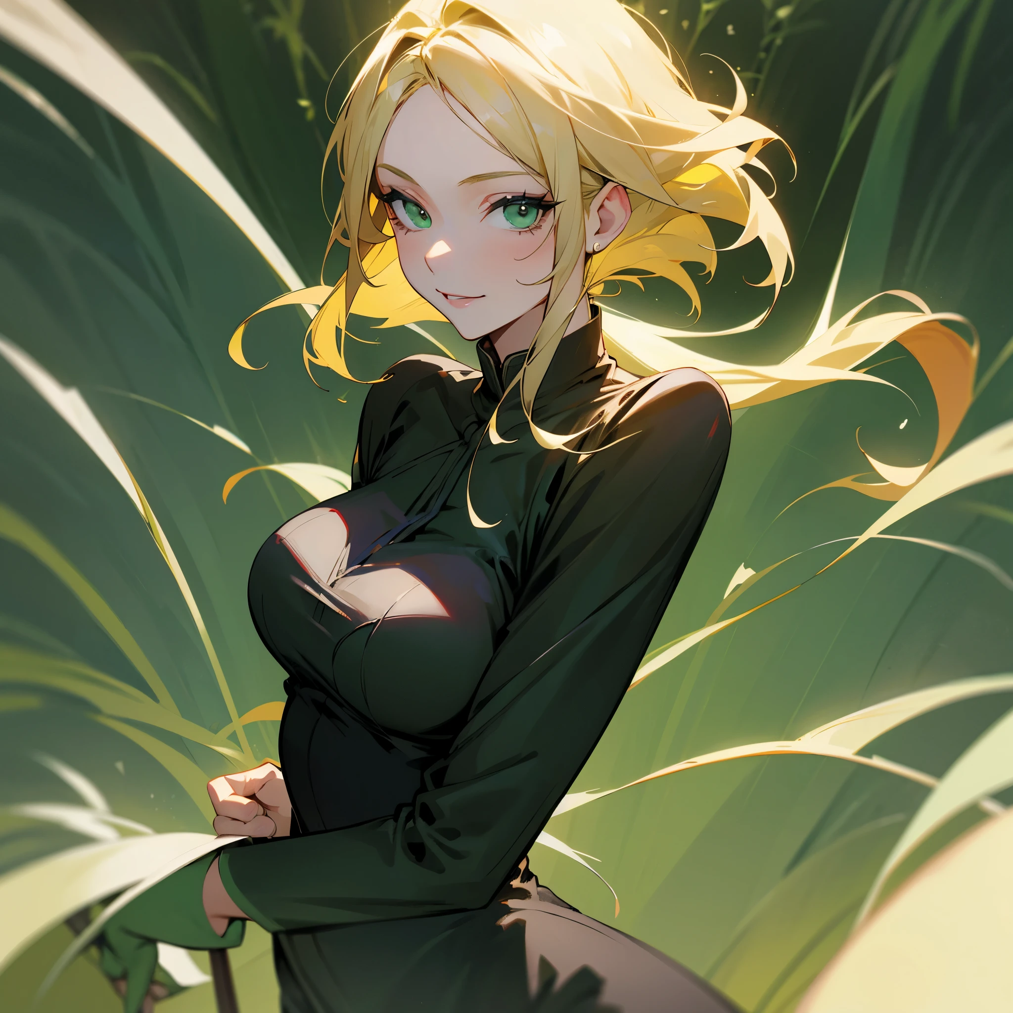 Blond hair, green eyes, woman, handsome, happy, jolly, sprightly, wearing black suite, background is a garden
