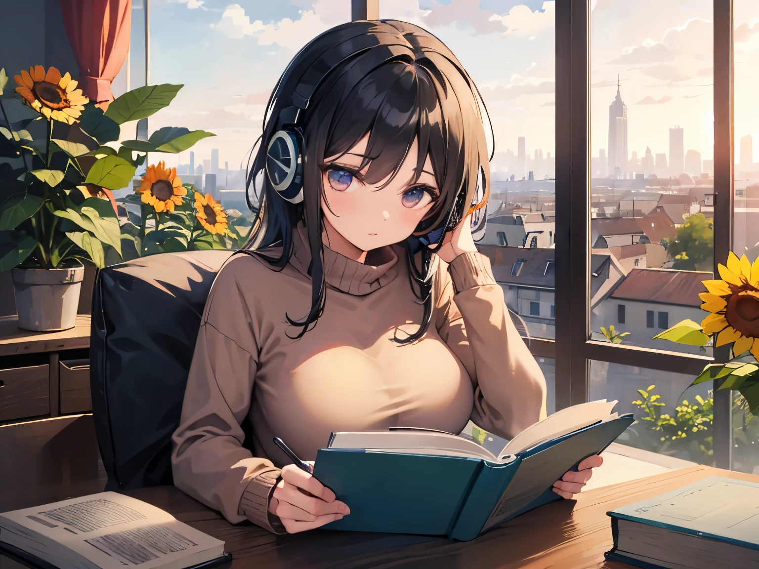 A detailed anime girl, wearing a large sweater, wearing headband headphones, lofi, tranquil, quiet vibes, chilling, in her living room reading, A large window with a view over the city, city skyline visible outside, quiet night, cat, masterpiece, best quality, big sunflowers, ficus, bougainvillea, flowers, books