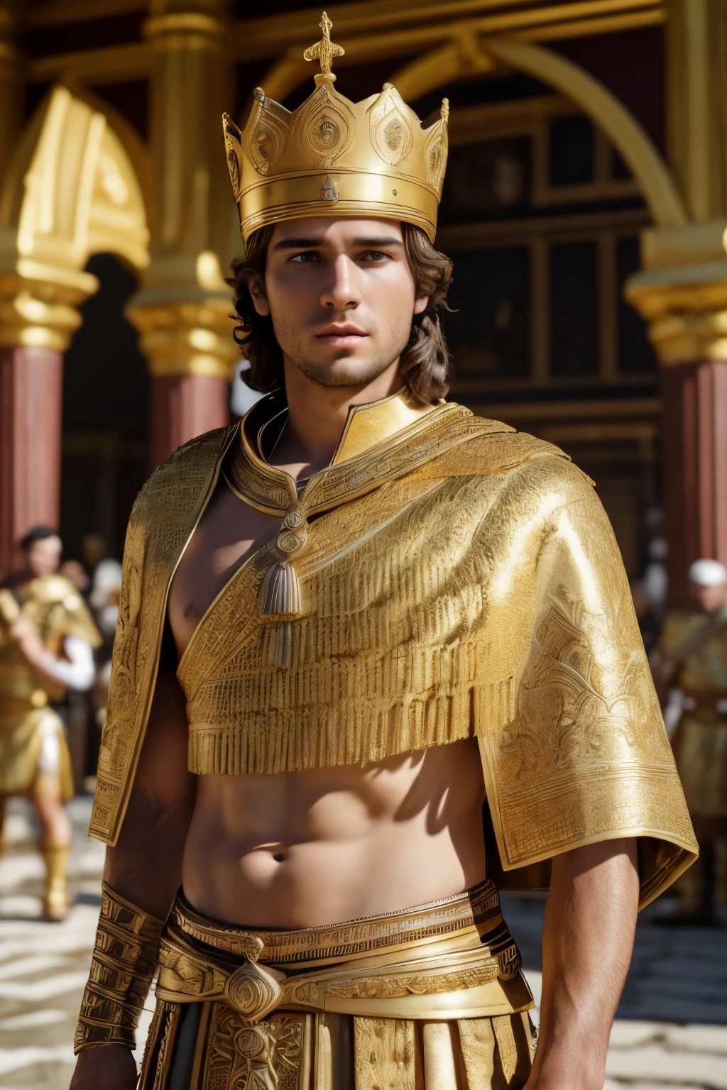 (best quality,4k,8k,highres,masterpiece:1.2),ultra-detailed,(realistic,photorealistic,photo-realistic:1.37)A young man, Alexander, wearing golden crown, standing in the market place surrounded by his 3 guard, realistic greek style