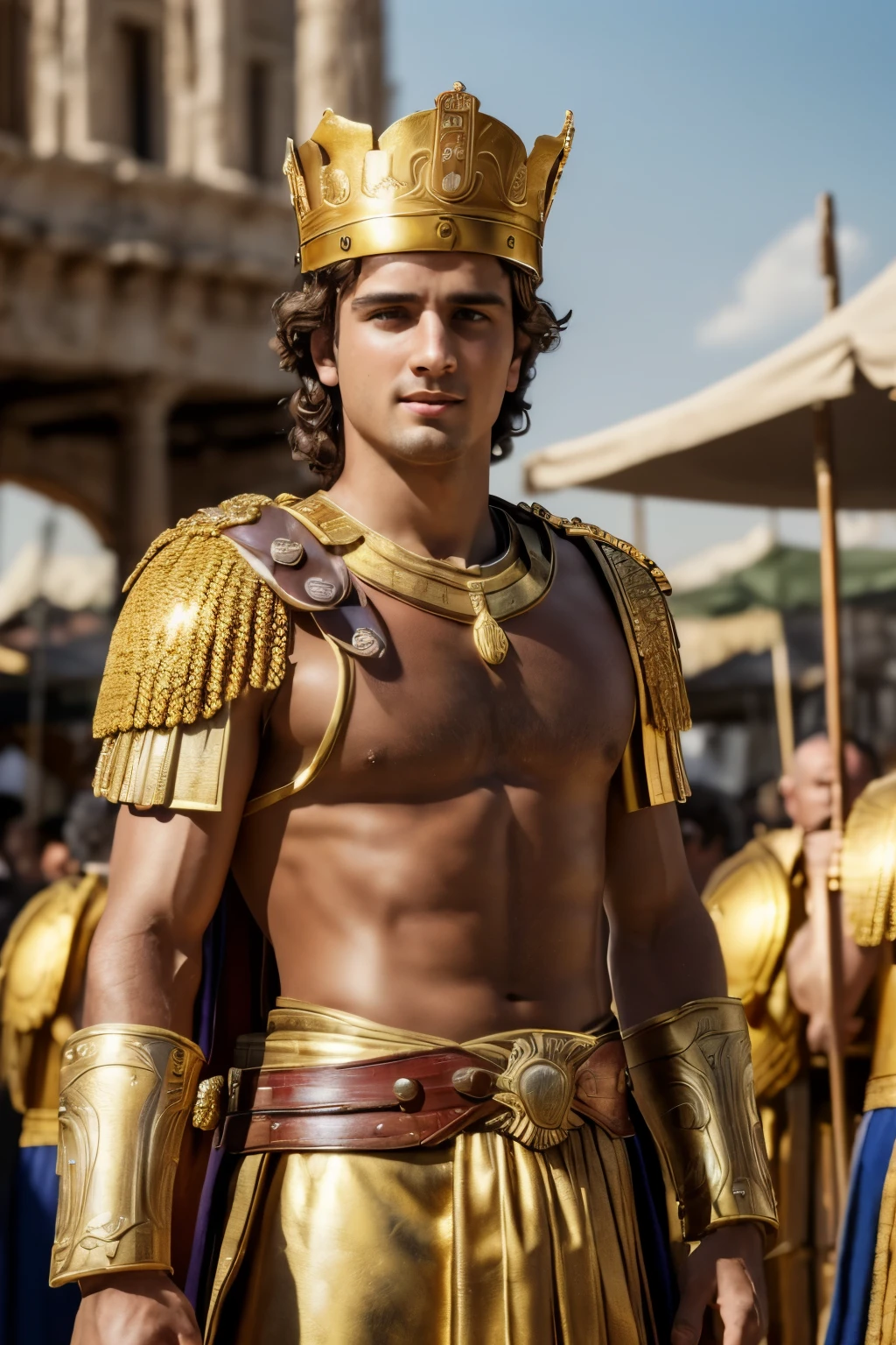 (best quality,4k,8k,highres,masterpiece:1.2),ultra-detailed,(realistic,photorealistic,photo-realistic:1.37, A young man, Alexander the great, standing in the market place surrounded by his 3 guard, wearing a golden crown, realistic greek style, shocked an smiling expression.