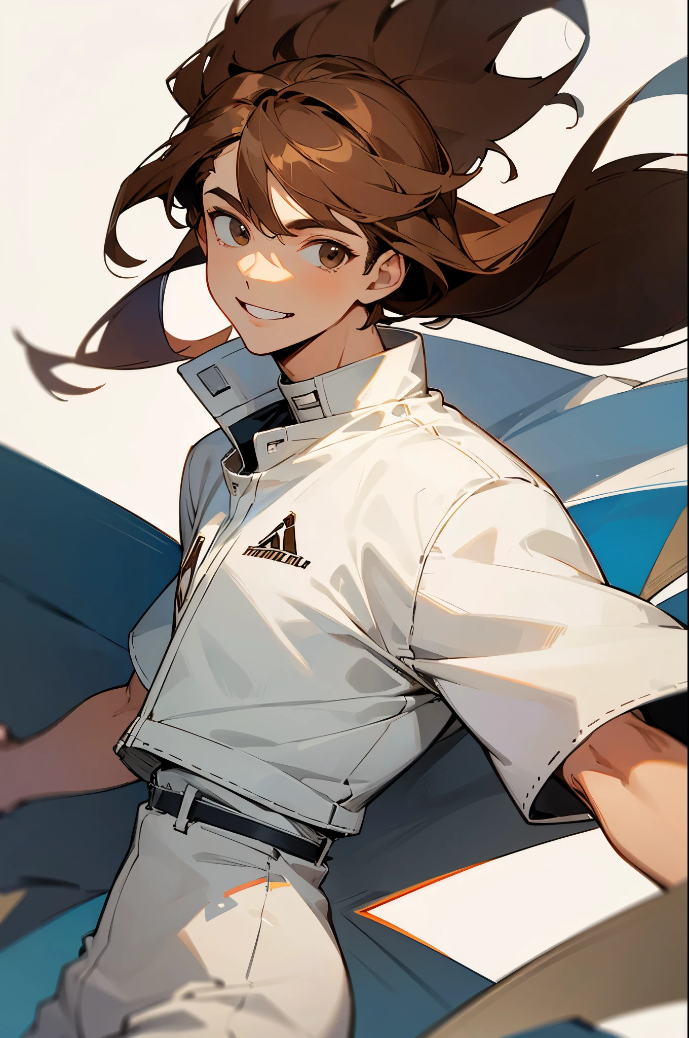 casual, citylike, smiling, brown hair, white outfit, white jordans, white sunglasses, young male, long hair
