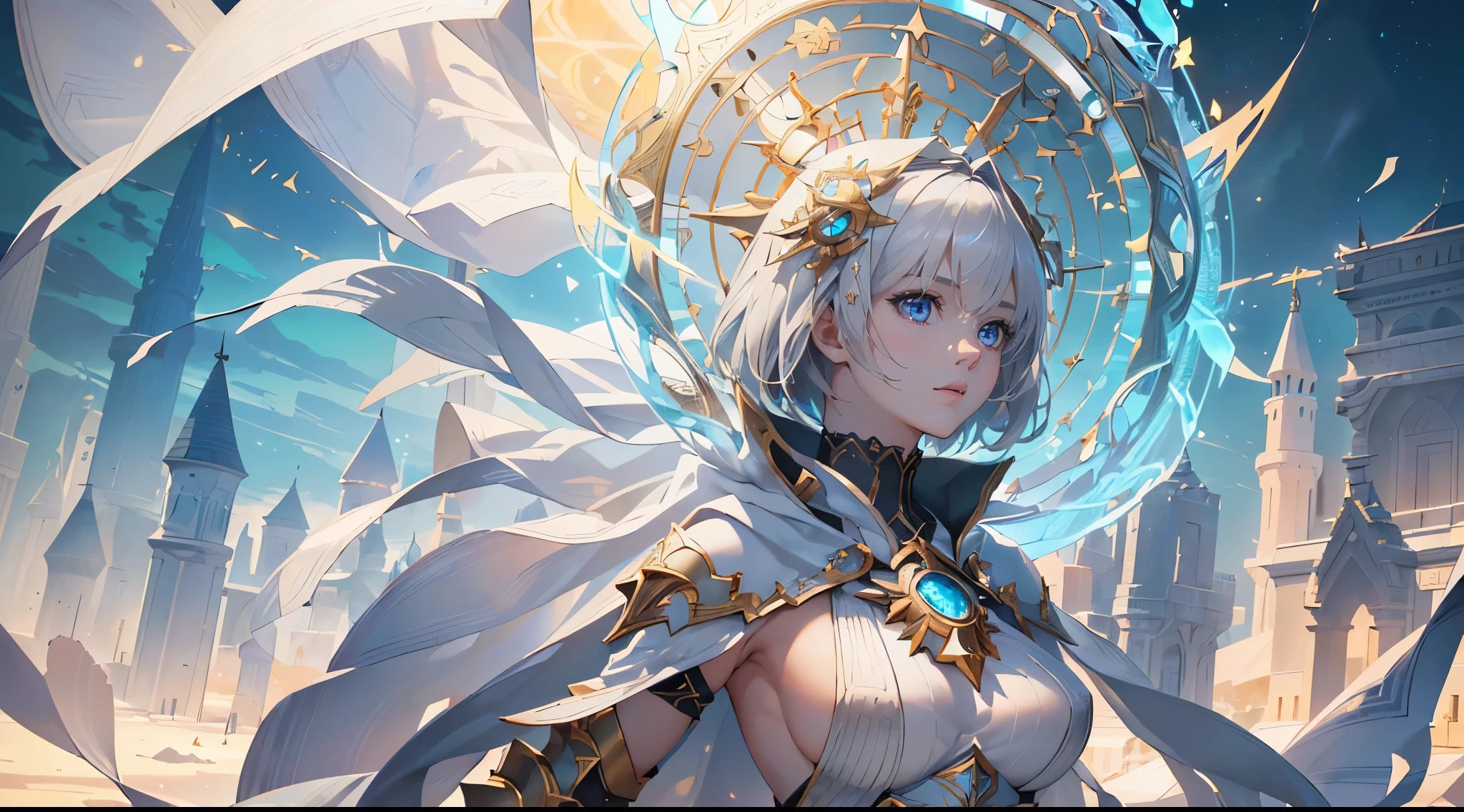 (Numerous award-winning masterpieces, with incredible details), Ultra HD, 8K, ((Extremely beautifull face)), (extremely detailed realistic face features), (beutiful light blue eyes), ((finely detailed true circle Symmetrical grey eyes)), (She has a meloncholic face), (A majestic sight), short white hair, anatomic, small wraist with big hips, short hair, big breasts, realistic skin texture, pale skin, (realistic body: 1.8), (1girl standing in), epic mmorpg celestial transparent white outfit, fantasy castle background
