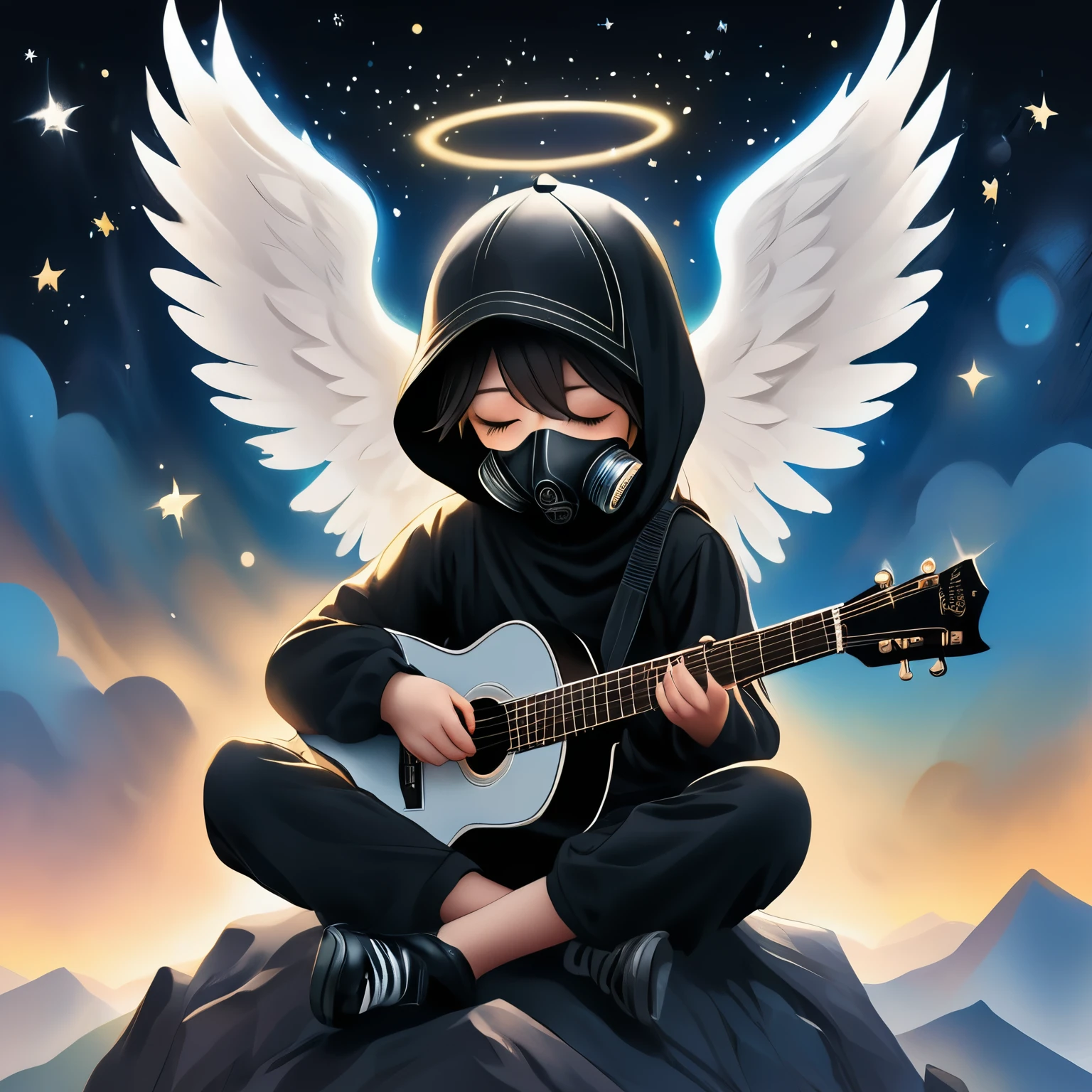 Young boy wearing a black cap and wearing a black blouse and wearing a gas mask that covers his entire face and covers both eyes and has angel wings and is sitting on top of a mountain with the starry sky and is holding a guitar 