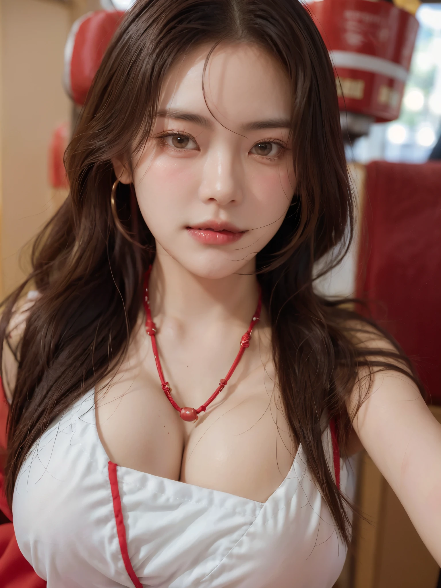 1 girl, NSFW, (White background), ((8K, RAW, Masterpiece: 1.4)), (Professional Photoshoot, sharp:1.2), ((Portrait shot)), Perfect dynamic composition, (Natural sunlight), (Soft Shadow), (Perfect body:1.4, Slim abs:1.2), ((Japanese Hairstyle:1.4, Huge breast:1.4)), Medium long hair, Ultra detail face and skin, Perfect Asian, white skin, (Detailed skin:1.3),(Latex skin:0.4), (Perfect Glossy Skin:0.6), Yuki Shiramori, blonde hair, light brown eyes, beautiful eyes, round eyes, pretty face, Blushing face, glossy lips, high nose bridge, lustrous eyes, a face of perfect proportion, realistic humid skin, Exquisite Expression, lightly smile to the camera, Looking at camera, exquisite expression, elegance necklace, elegance earrings, minimalist, ((selfie shot)), close up, showing cleavage, wearing((Red Flight Attendant uniform))