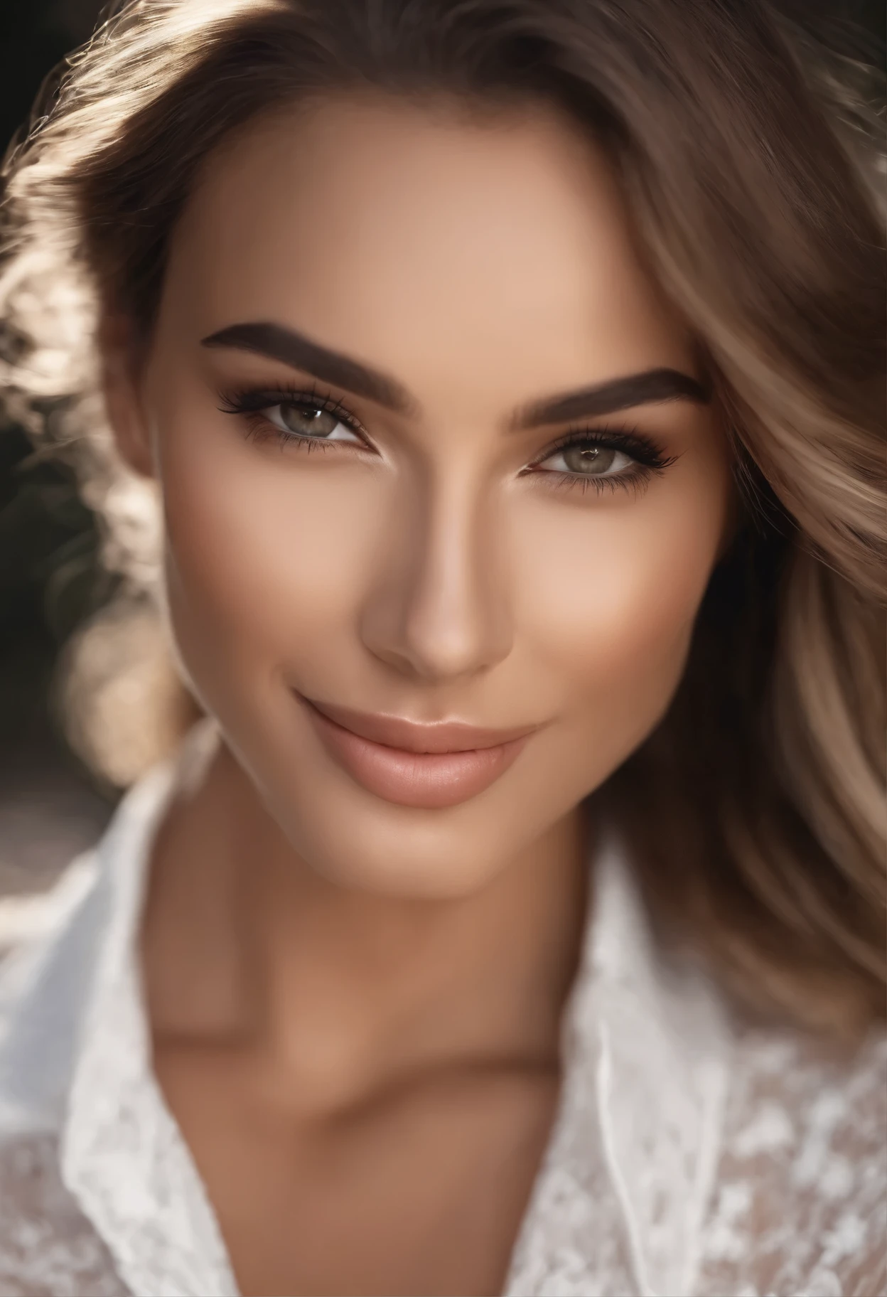 A realistic beautiful influencer girl often possesses a captivating face structure that exudes symmetry and grace. Her features harmonize to create an enchanting allure, starting with high cheekbones that lend definition and elegance to her visage. Almond-shaped eyes, neither too large nor too small, hold a gentle allure, their warmth and expressiveness drawing others in. Full lips, delicately curved and well-defined, add to her charm, while a straight nose with a refined tip sits gracefully at the center of her face. Smooth, clear skin, aglow with health, forms a radiant canvas, complemented by a softly defined jawline and a tapered chin. Long, luscious eyelashes frame her eyes, while impeccably groomed eyebrows accentuate her features. And when she smiles, her genuine, radiant smile lights up her face, completing the portrait of her captivating beauty.
