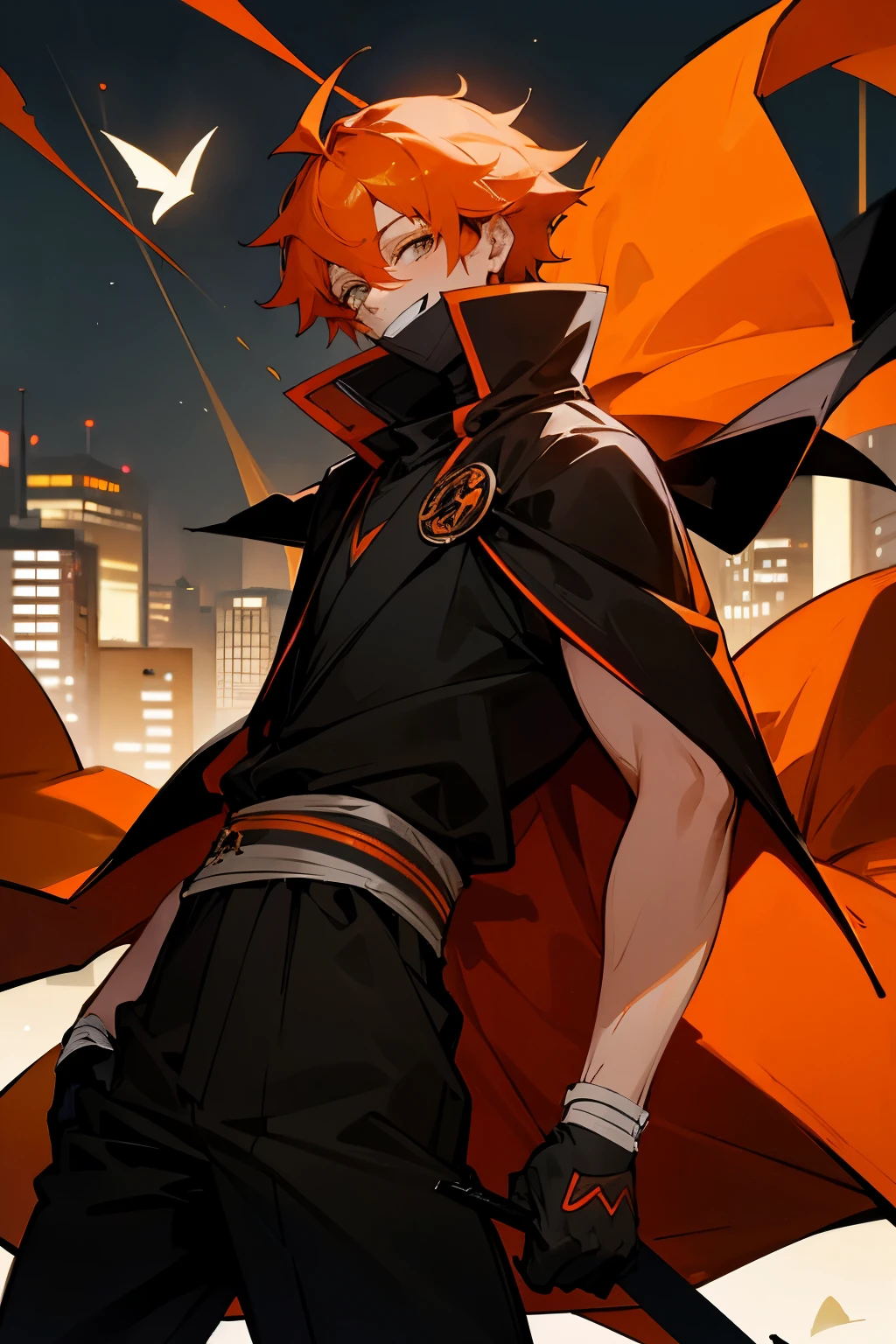 casual, citylike, smiling, orange hair, orange outfit, black jordans, young male,black cape, black mask