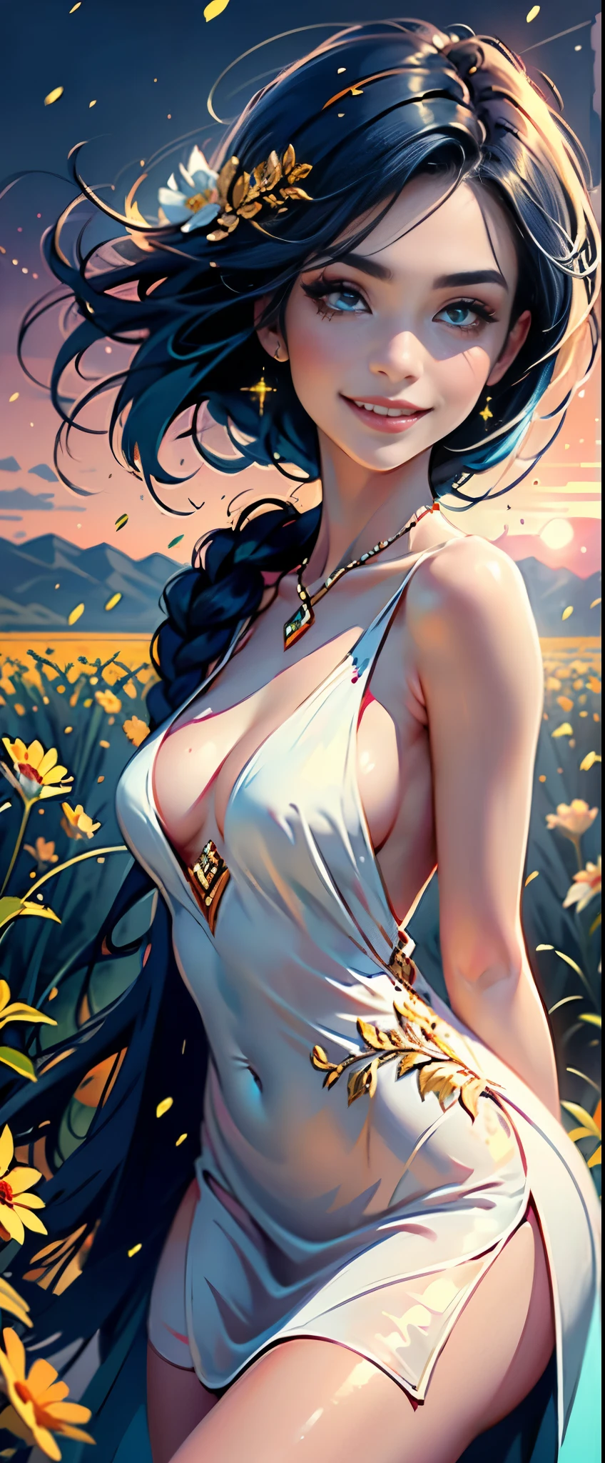 award winning digital art, half body portrait of a beautiful woman in a silk Tang dress, navy blue teal hairstyle, head in motion and long hair flying, big smile, sparkling eyes, in a flower field, golden sunset, particles dust, glitter, paint splashes, splatter, outrun, shaded flat illustration, digital art, trending on artstation, highly detailed, fine detail, intricate
