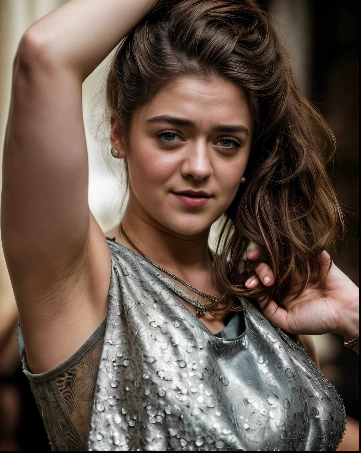 Foto RAW, Arya Stark, Extremely gorgeous lady, Arya Stark PLAYED BY MAISIE WILLIAMS, Queen Arya Stark, she a mature woman now, milf, sexy mediaeval battle dress, gladiator woman, body, 40 years old Woman, body revealing costumes, perky breast, skin pores, big natural breast, erotic costumes, lusty physique, seductive figure can capture every people's attention, Game of thrones costumes, revealing captivating figure, Mediaeval costumes, revealing clothes, A tomboy, she would rather fence than dance, warrior queen , game of thrones screen caps, Game of Thrones Series, (pele altamente detalhada: 1.2), 8k UHD, DSLR, soft-lighting, alta qualidade, grain of film, Fujifilm XT3, flawless picture, highly detailed, detailed Beauty, intricate, 32k, sharp picture, showing her beautiful armpits,
