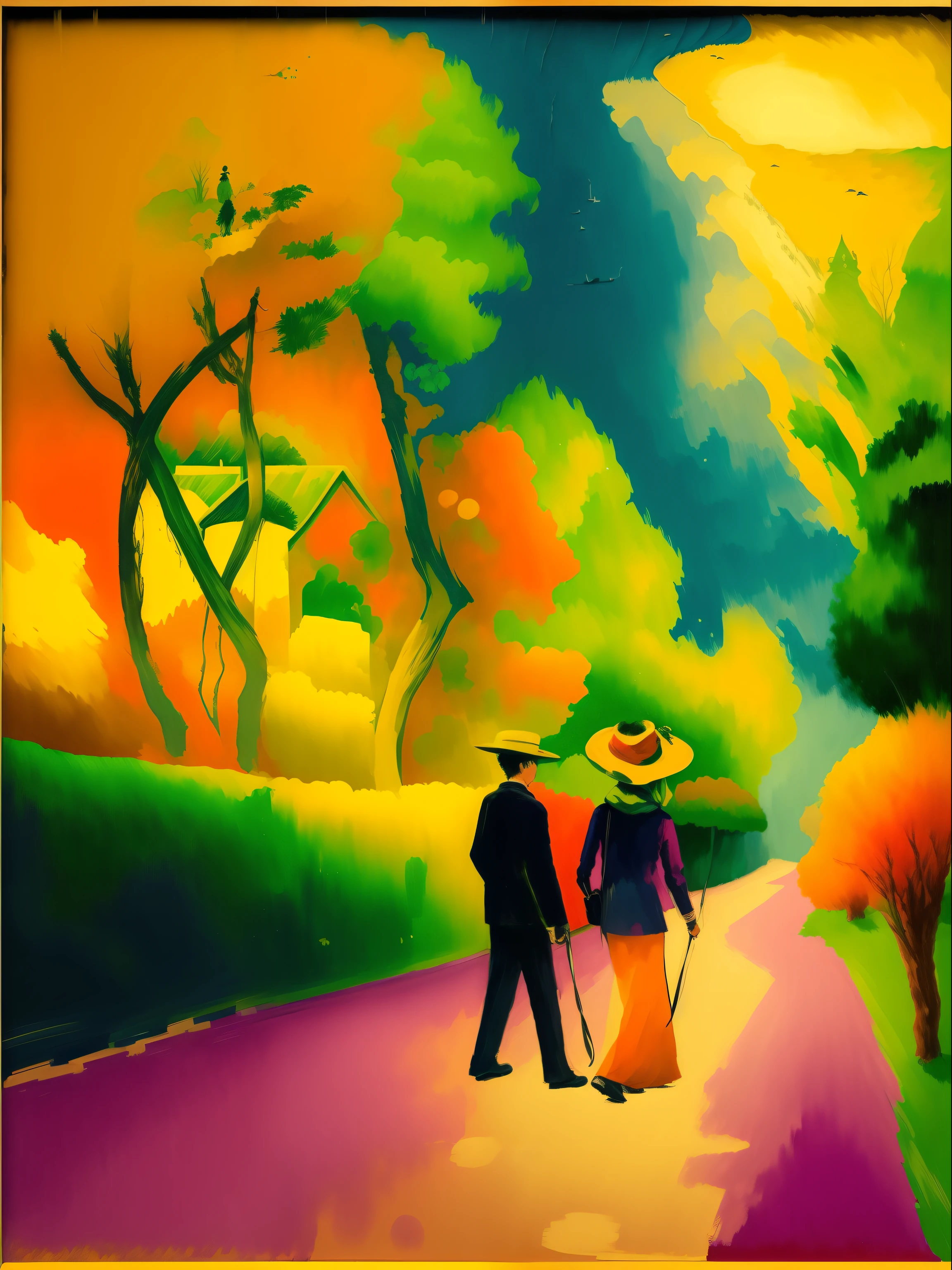 painting of two people walking down a path with a dog, by August Macke, inspired by August Macke, inspired by Béni Ferenczy, inspired by Károly Ferenczy, inspired by Max Pechstein, by Gabriele Münter, by Andre Derain, inspired by Erich Heckel, inspired by Andre Derain, fauvism style