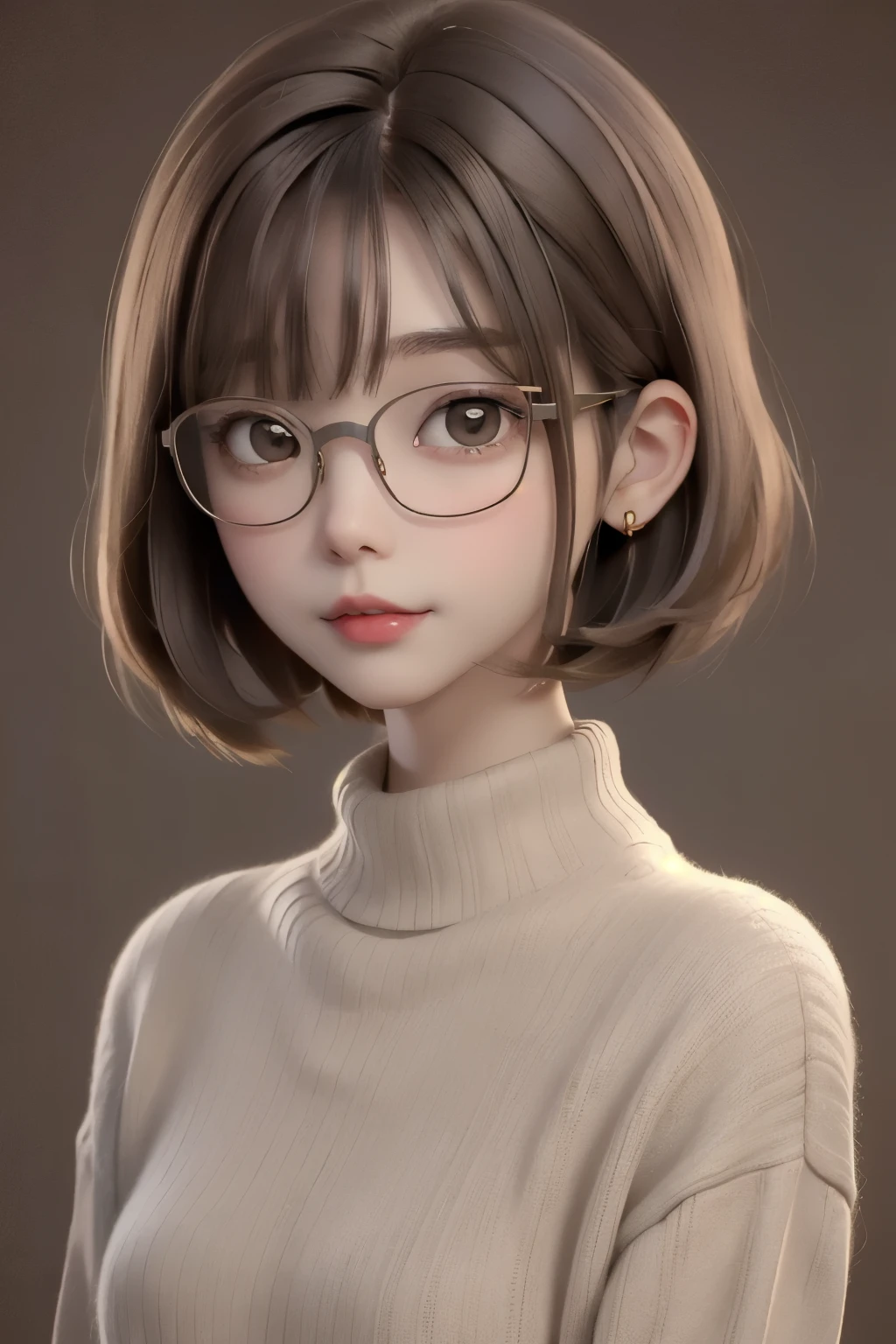 best quality, cartoon_portrait, 1girl, solo, looking at viewer, short hair, simple background, brown hair, bob cut, brown eyes, closed mouth, glasses, sweater, lips, swept bangs, brown background, red lips, 