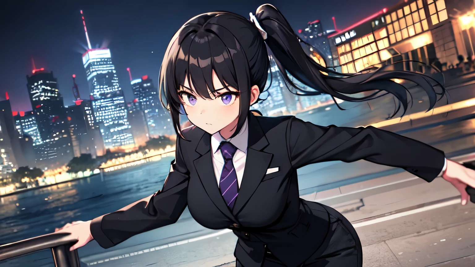 big body medium tits face without emotion hair color black hair style ponytail place city at night clothing a long sleeve black shirt with a purple tie and dark gray pants