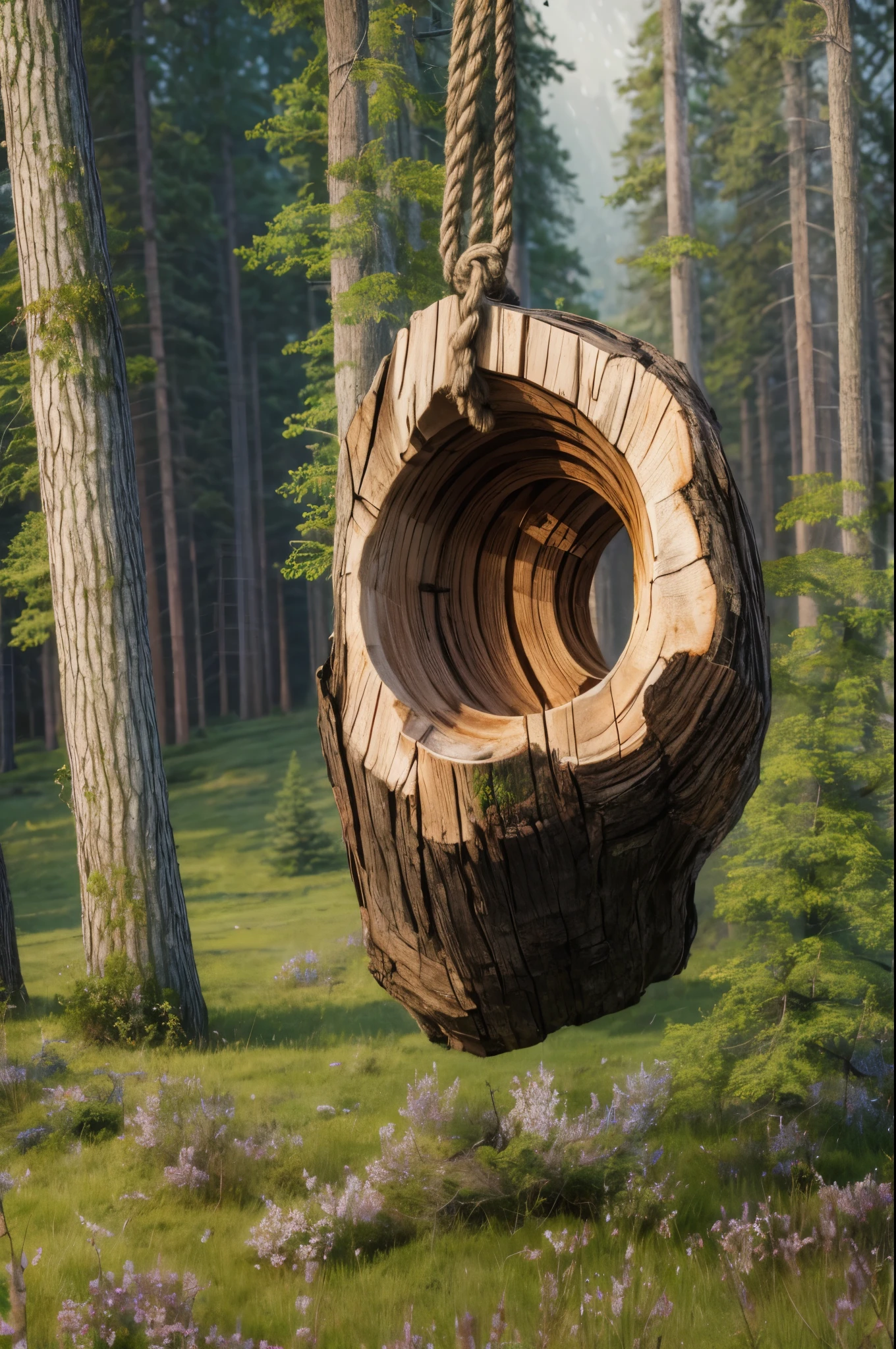 (Master Piece), best quality, 8k, cut tree trunk, hanging by a rope,