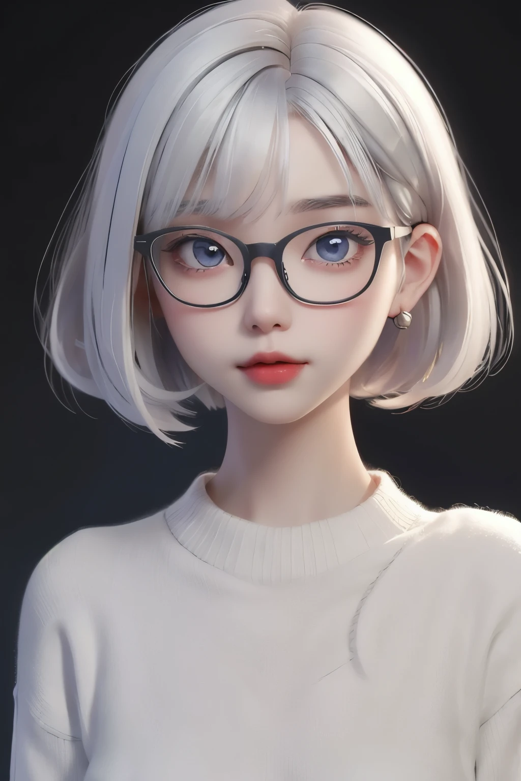 best quality, cartoon_portrait, 1girl, solo, looking at viewer, short hair, simple background, white hair, bob cut, blue eyes, closed mouth, glasses, sweater, lips, swept bangs, black background, red lips, 