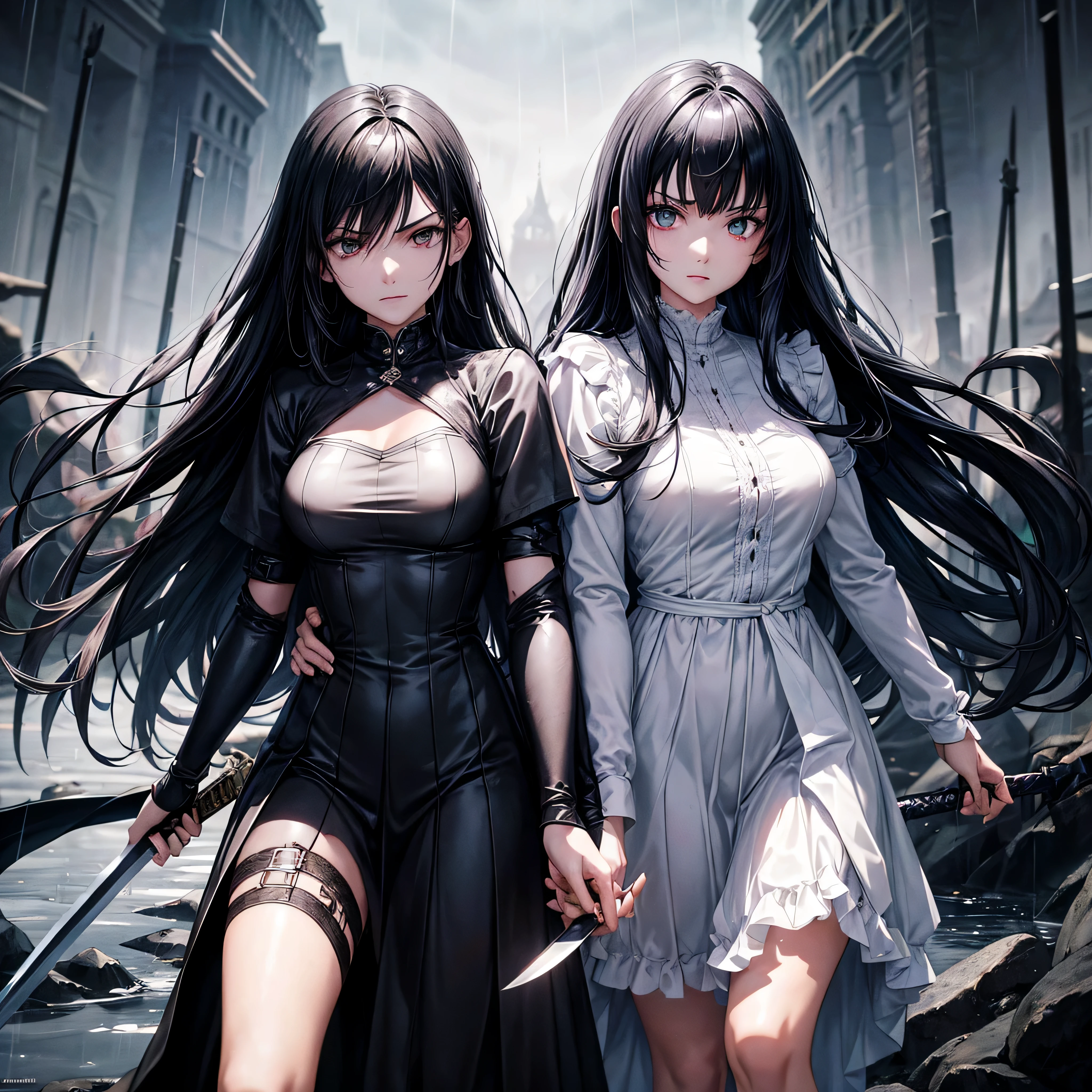 “Create an image depicting a scene where two anime-style girls with black hair are engaged in a fierce sword fight. One of them is wearing white clothes and the other one is wearing black. Their swords are clashing. The girl in white has a serious and stern expression, while the girl in black has a devilish smile. The characters are detailed, with particular attention to their clothing, facial expressions, and especially the details of their faces. The setting is dark and rainy, creating a moody atmosphere. The ground beneath them is muddy, and their clothes are dirt-stained. The positioning of the swords in their hands is precise.”

