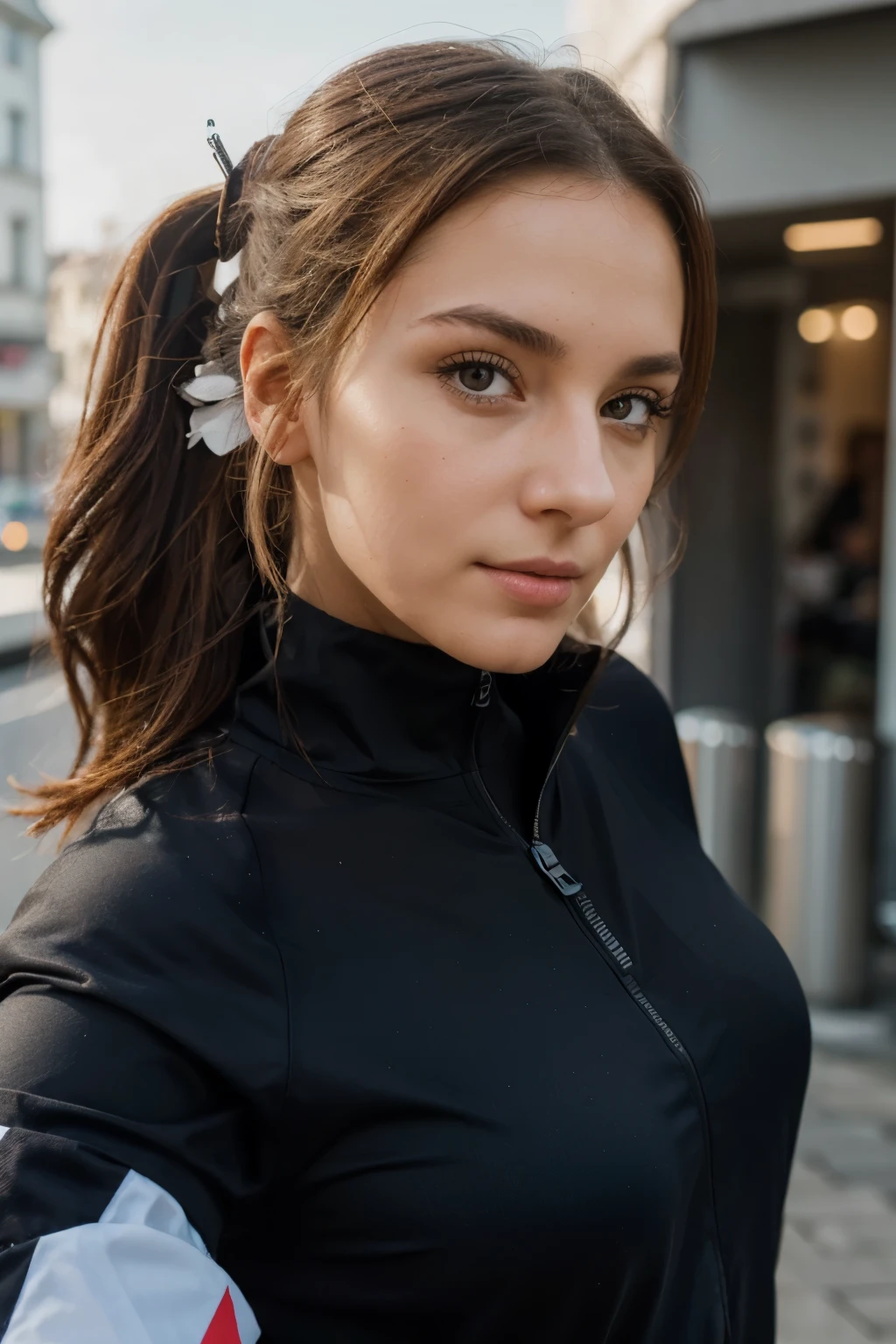 Frau geht, Wiener Innenstadt, wears a sporty outfit, portrait, mittellanges Haar, welliges dunkelbraunes Haar mit Pony, Selfie einer jungen Frau, ohne Makeup, Natural makeup, direkt in die Kamera schauen, dezentes Make-up, durchdringende braune Augen, nice angle, attraktive Pose, sweet girl, Latina, Hohe Detailgenauigkeit, zufriedene Pose, (nice detailed face, beautiful detailed eyes), glow, (Sonnenstrahl, Sonnenlicht), hyper-realistic Foto