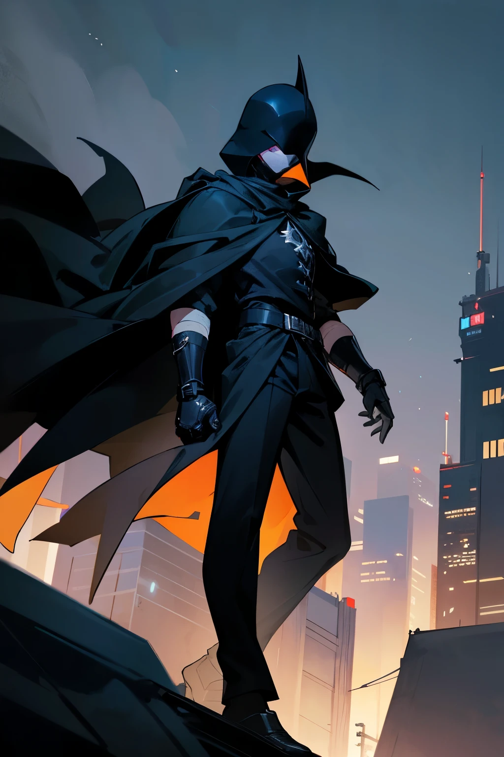 casual, citylike, helmet, black outfit, black jordans, young male,black cape, black mask,night time