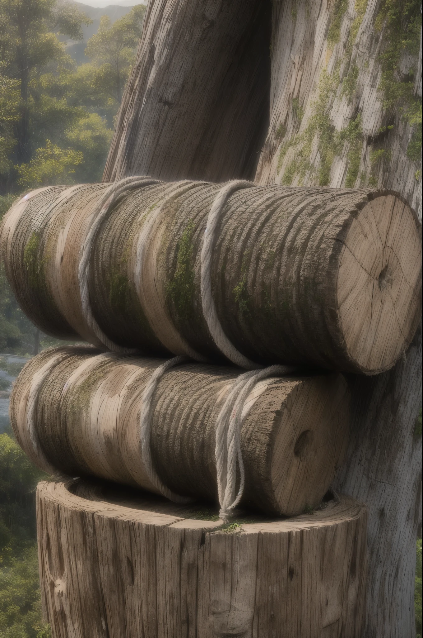 (Master Piece), best quality, 8k, cut tree trunk, hanging by a rope