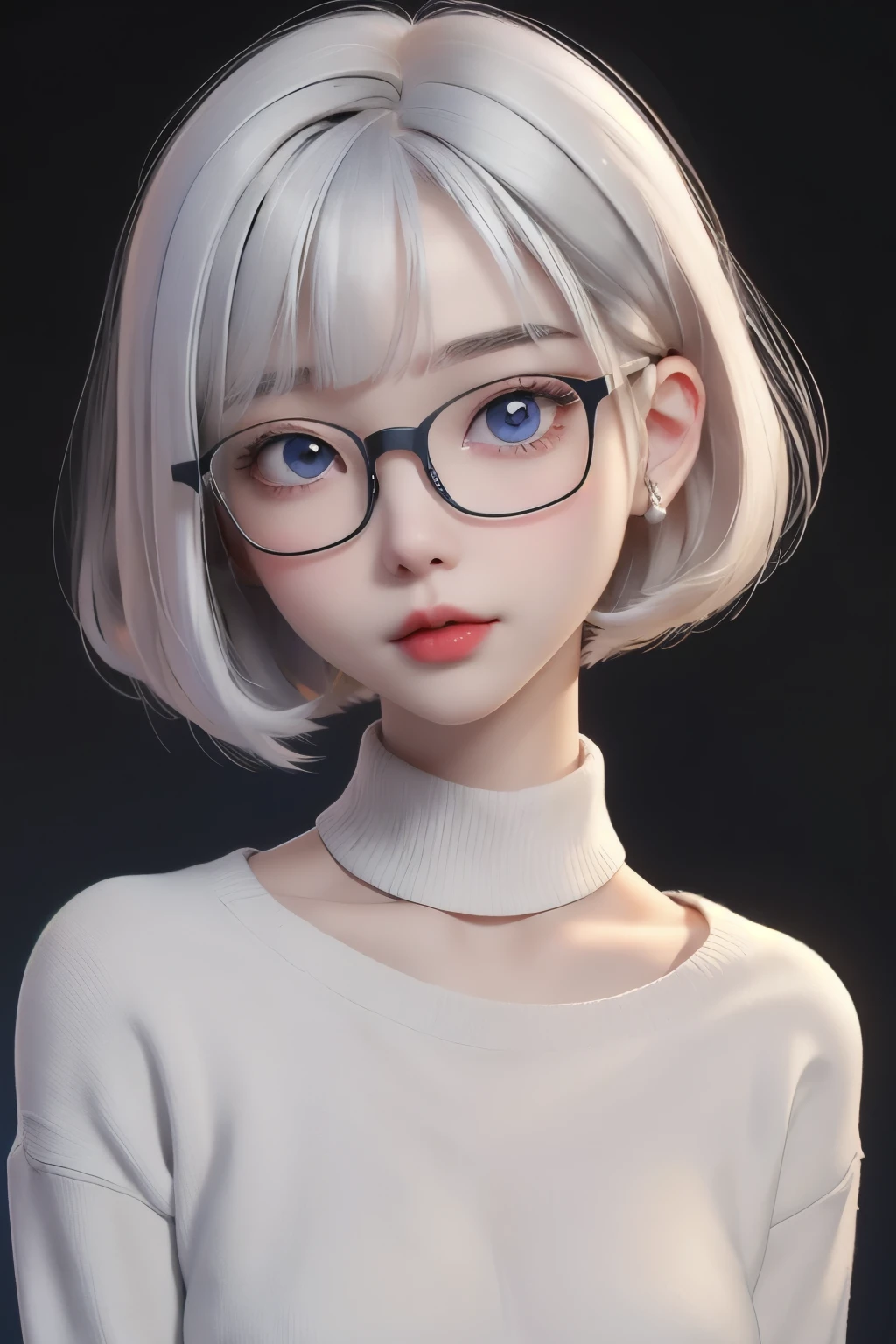 best quality, cartoon_portrait, 1girl, solo, looking at viewer, short hair, simple background, white hair, bob cut, blue eyes, closed mouth, glasses, sweater, lips, swept bangs, black background, red lips, 