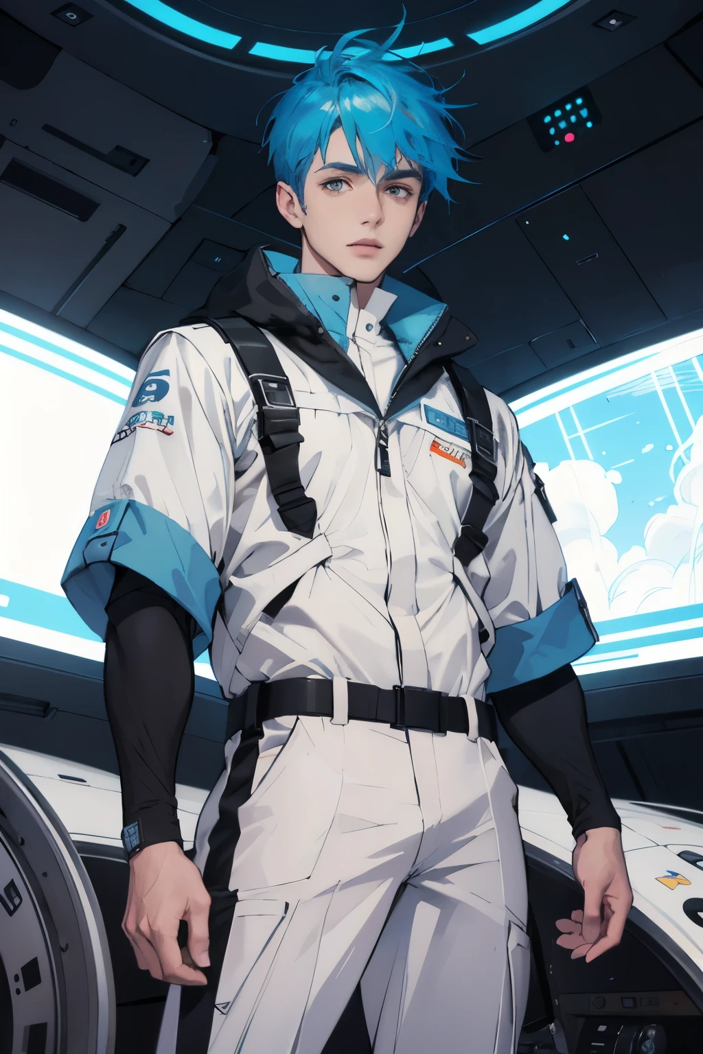 ((Mejor calidad)), ((Obra maestra)), (detallado) hombre con ropa futurista, cabello azul, ojos azules, en una nave en el espacio,